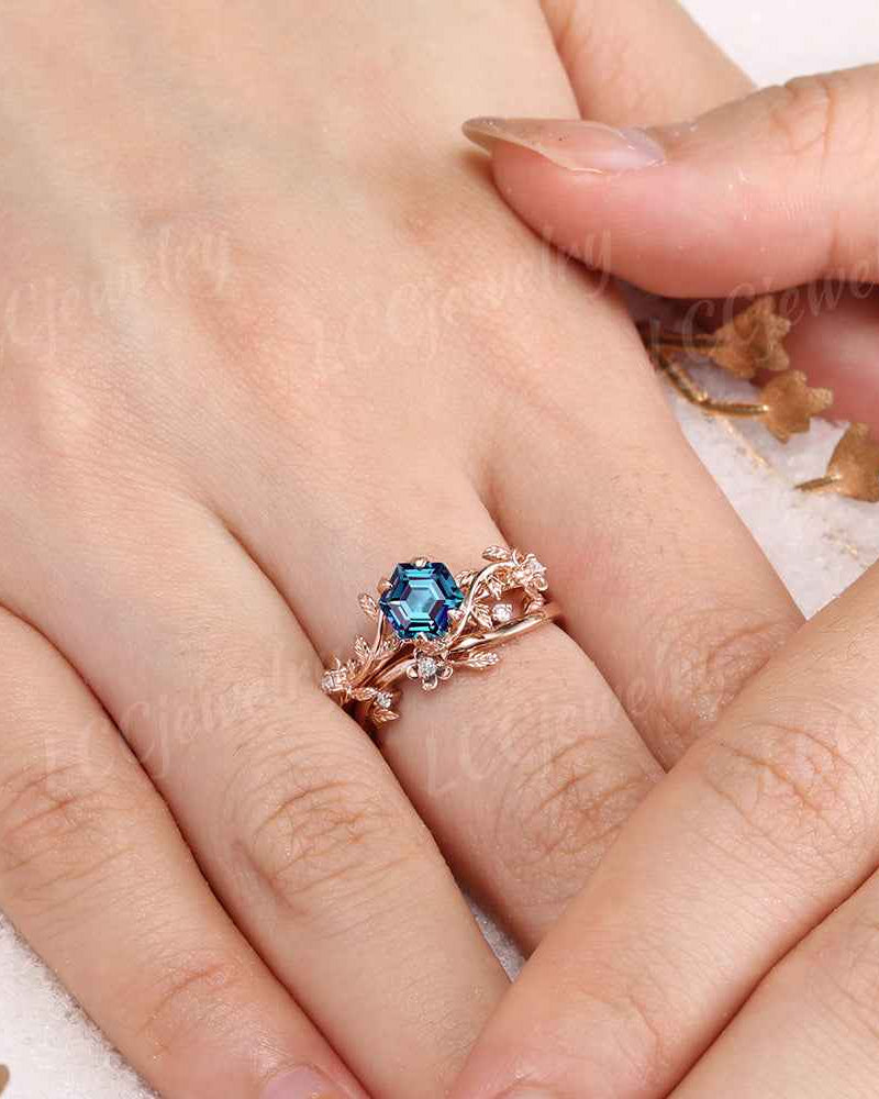 LCCjewelry | Nature Inspired Leaf Floral Alexandrite Wedding Ring Set