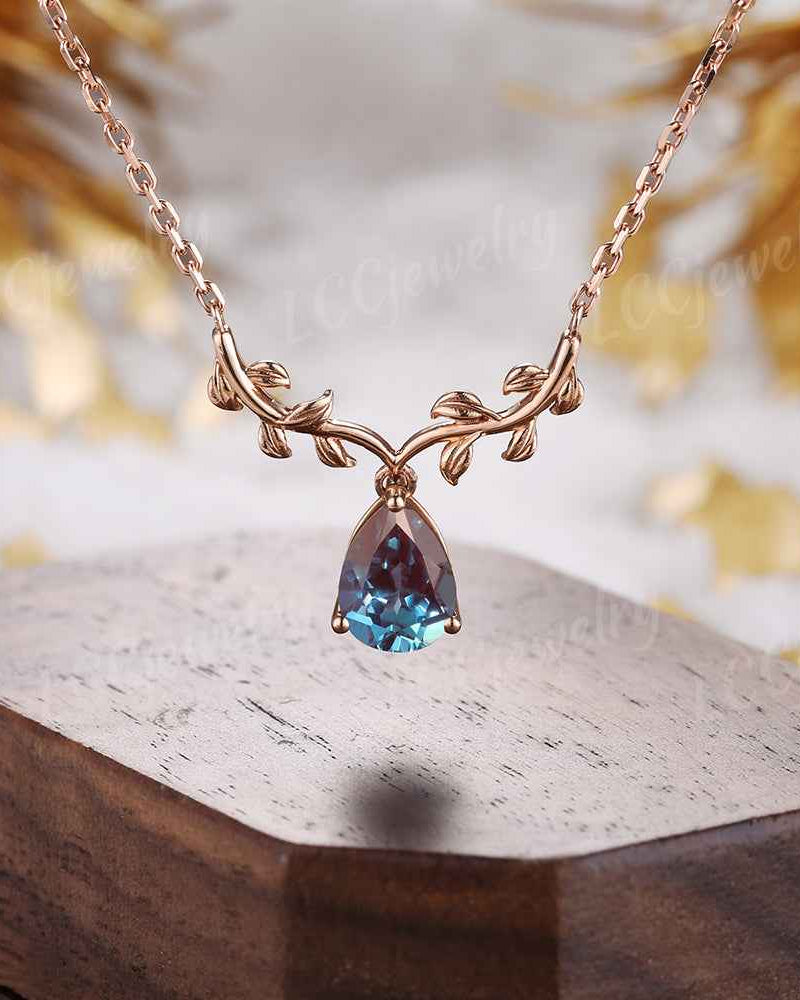 Leaf Inspired | Alexandrite Spring Leaf v Pendant Women Necklace
