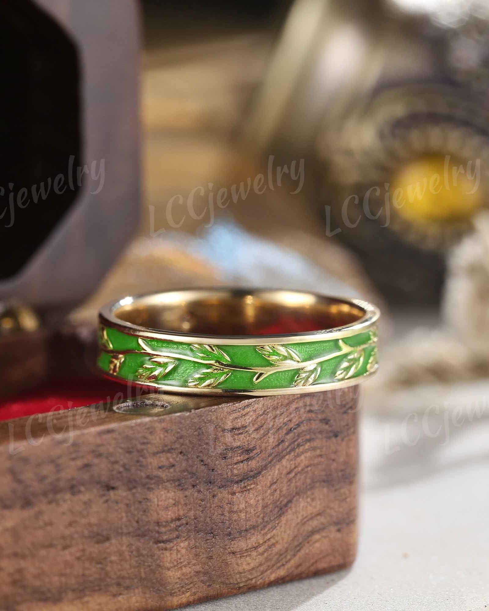 LCCjewelry | Nature Inspired Leaf Design Green Enamel Wedding Band