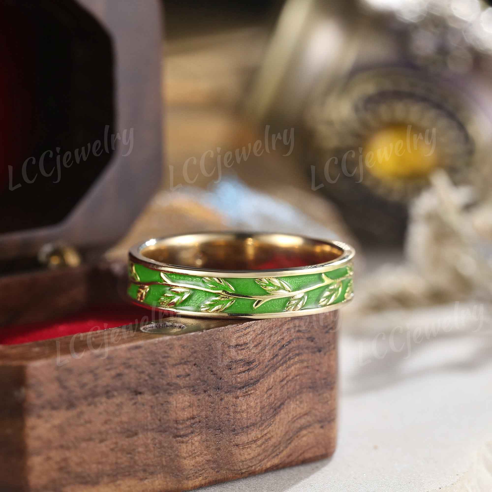 LCCjewelry | Nature Inspired Leaf Design Green Enamel Wedding Band