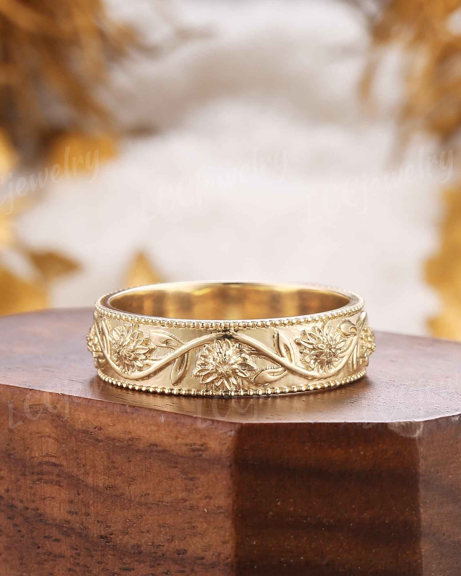 Floral Inspired | Chrysanthemum Design Wedding Band Milgrain Pave
