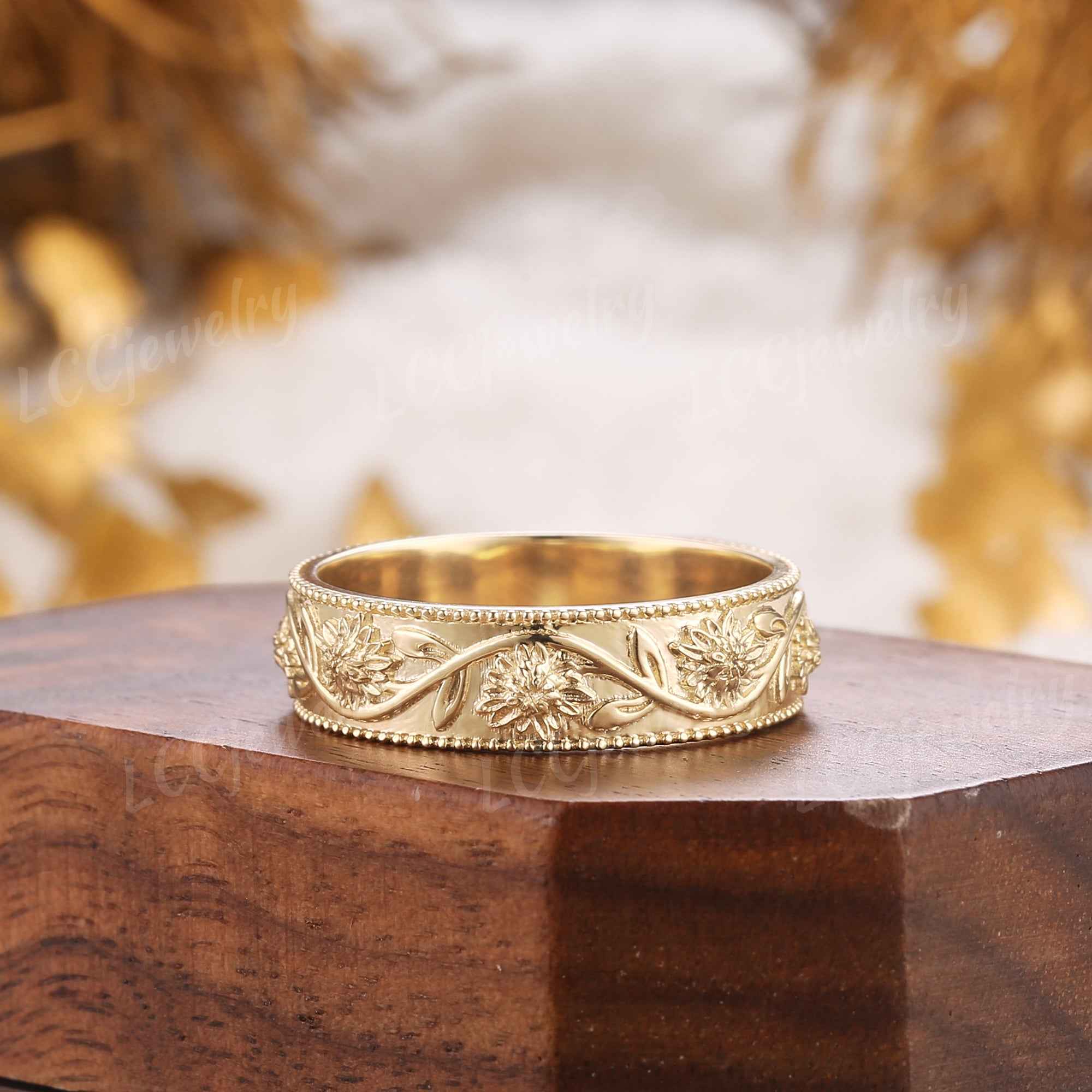 Floral Inspired | Chrysanthemum Design Wedding Band Milgrain Pave