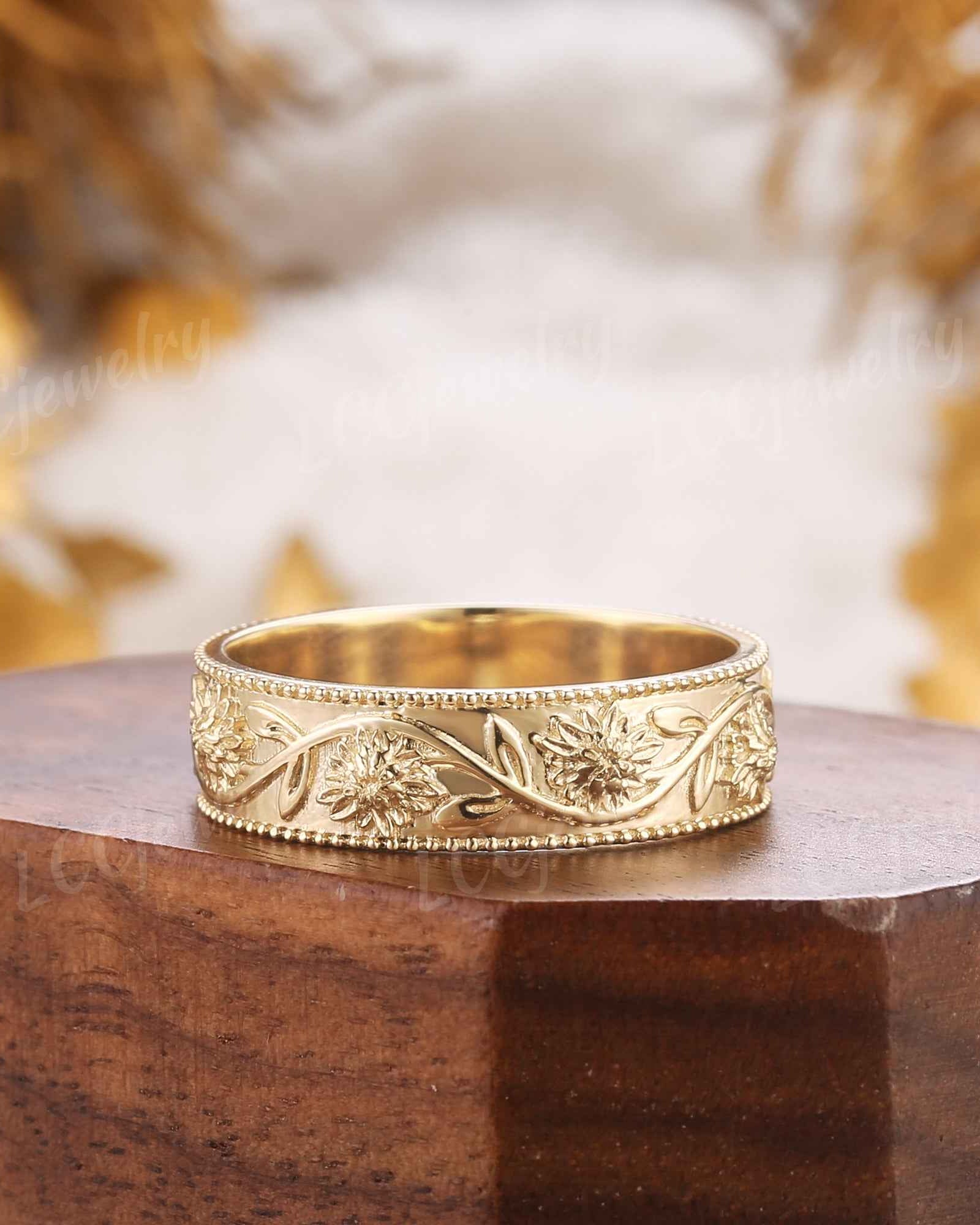 Floral Inspired | Chrysanthemum Design Wedding Band Milgrain Pave
