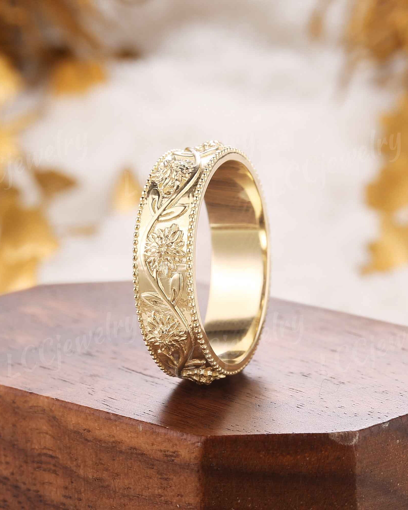 Floral Inspired | Chrysanthemum Design Wedding Band Milgrain Pave
