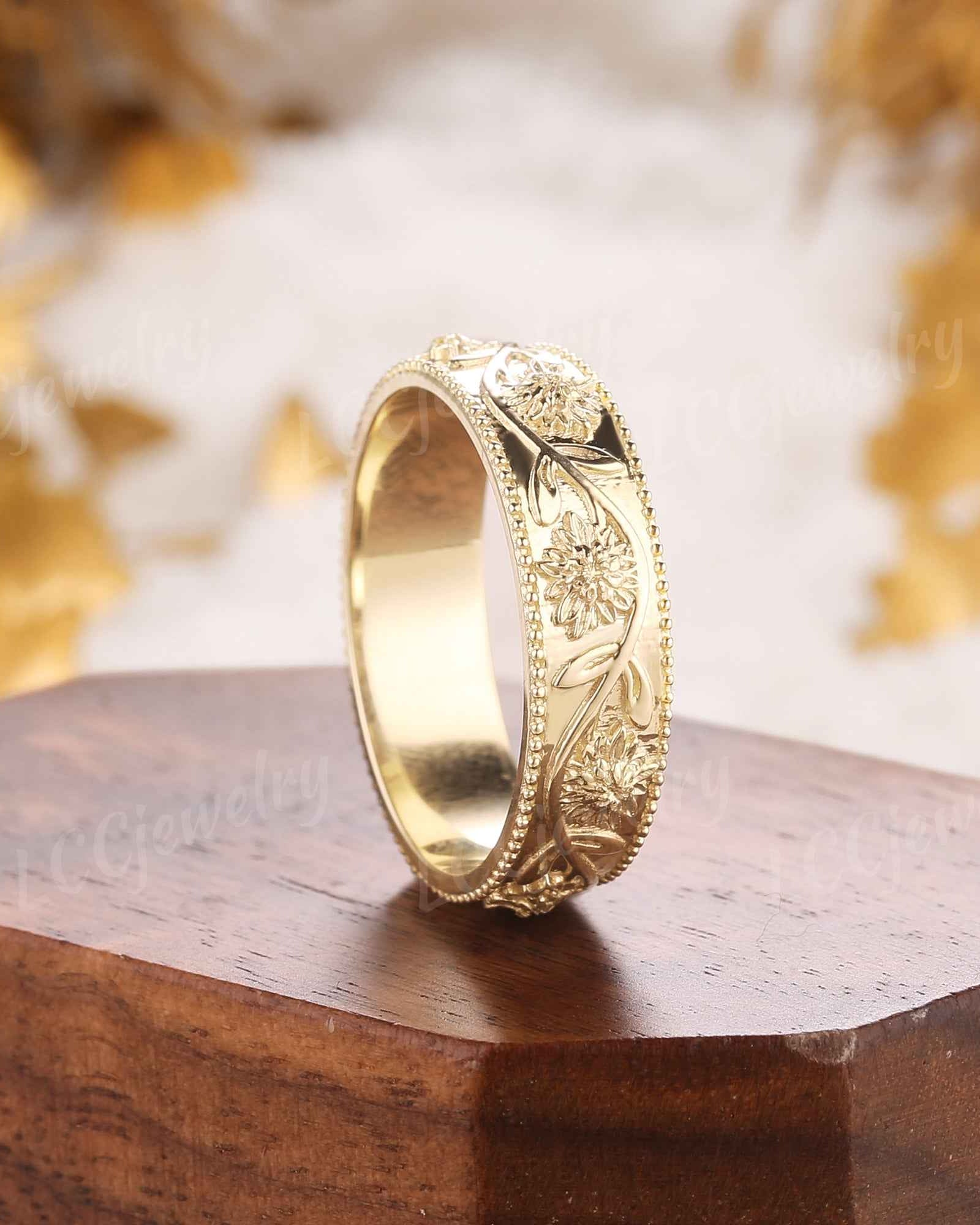 Floral Inspired | Chrysanthemum Design Wedding Band Milgrain Pave