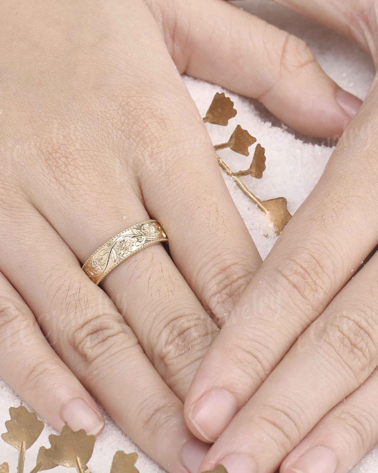 Floral Inspired | Chrysanthemum Design Wedding Band Milgrain Pave