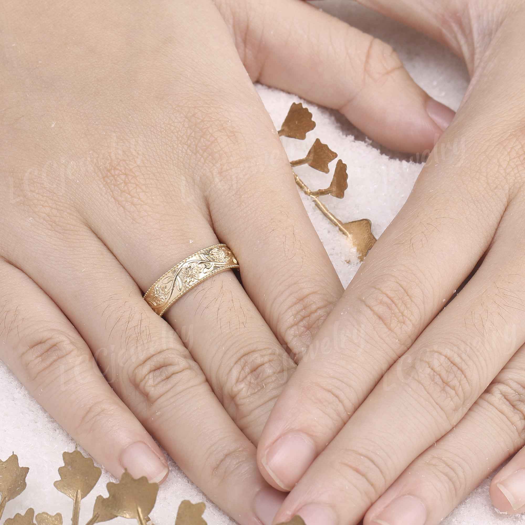 Floral Inspired | Chrysanthemum Design Wedding Band Milgrain Pave