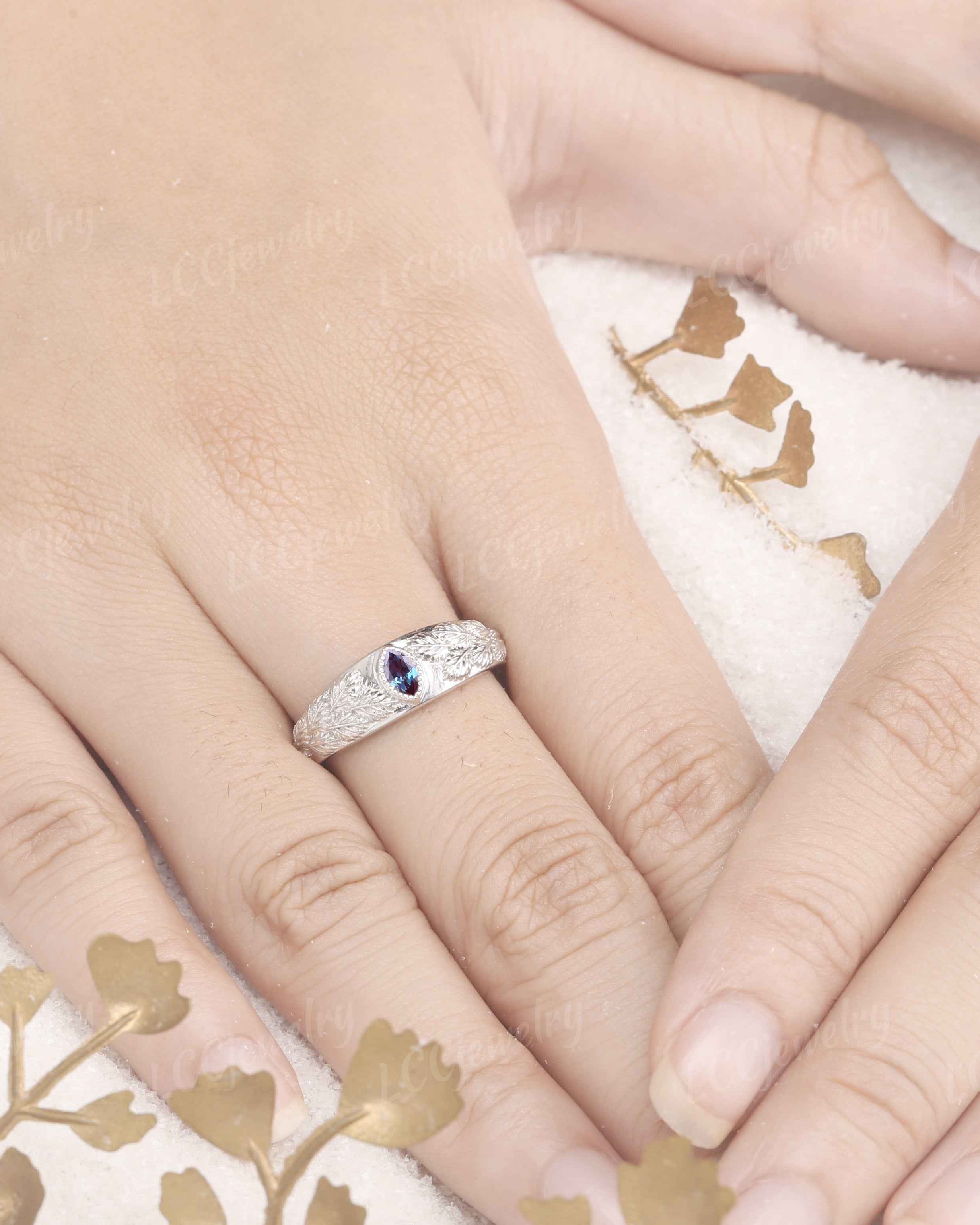 Leaf Inspired | Alexandrite Men's Wedding Signet Ring