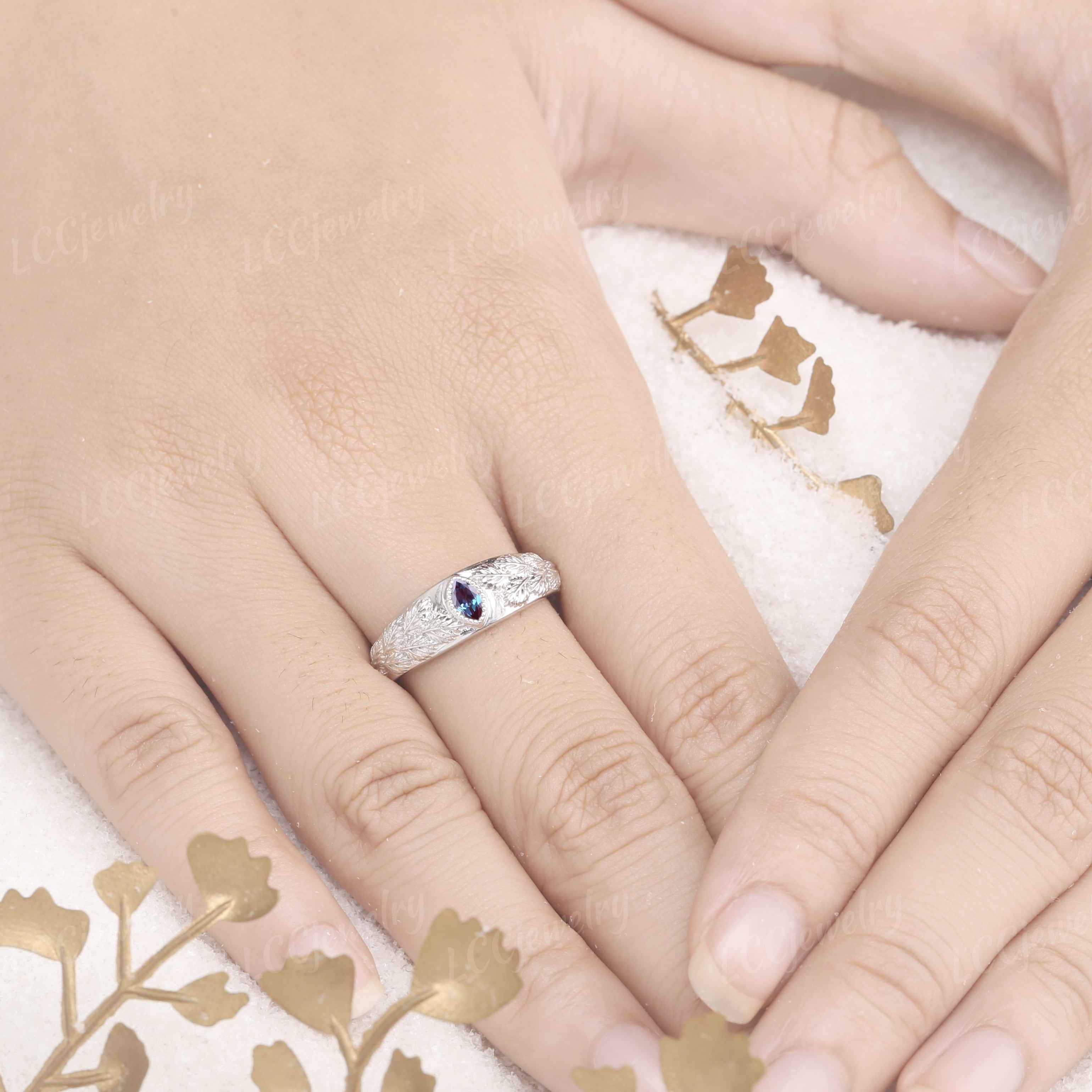 Leaf Inspired | Alexandrite Men's Wedding Signet Ring