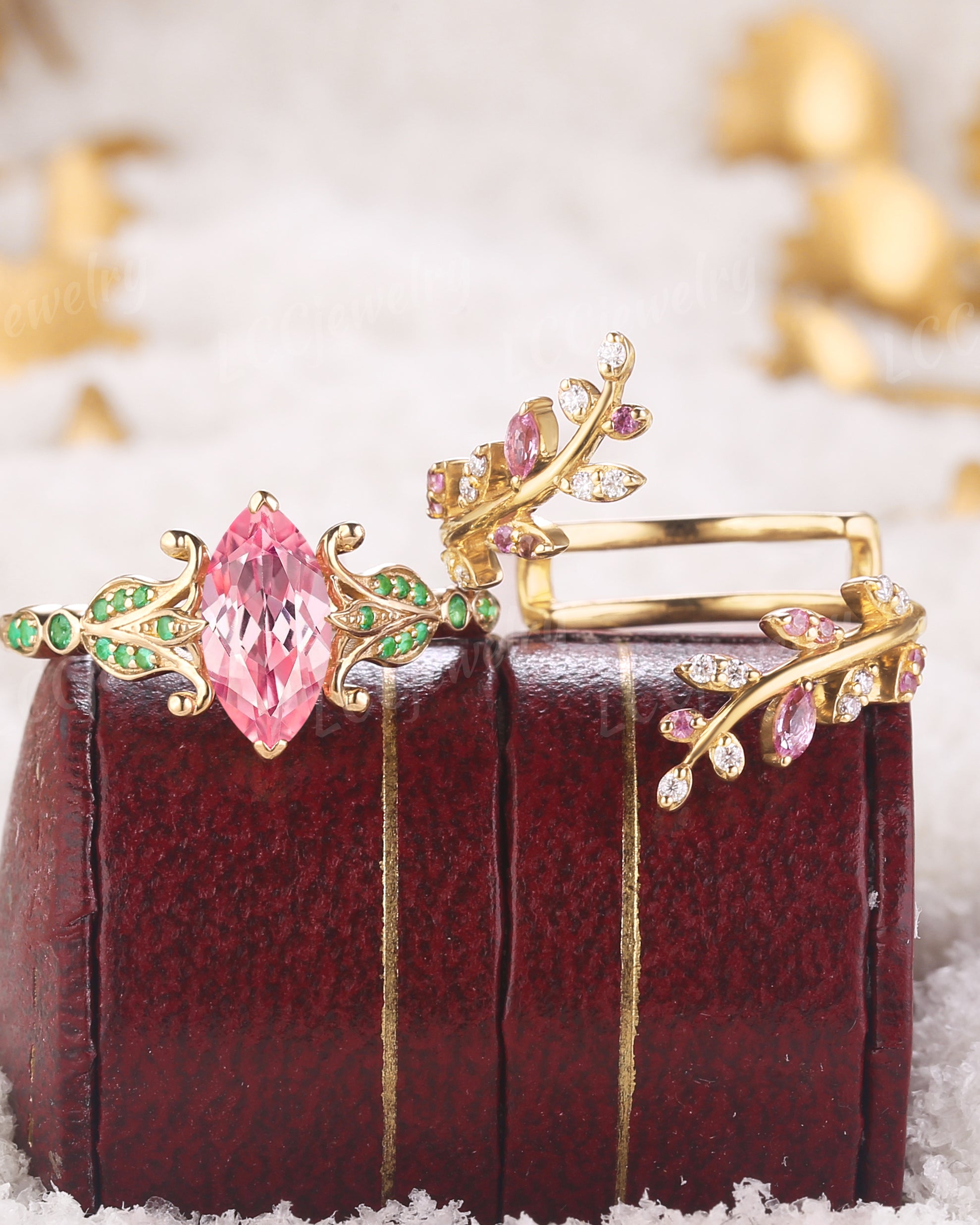 Floral Inspired | Papalacha Sapphire Iris Design Engagement Ring Set - LCCjewelry