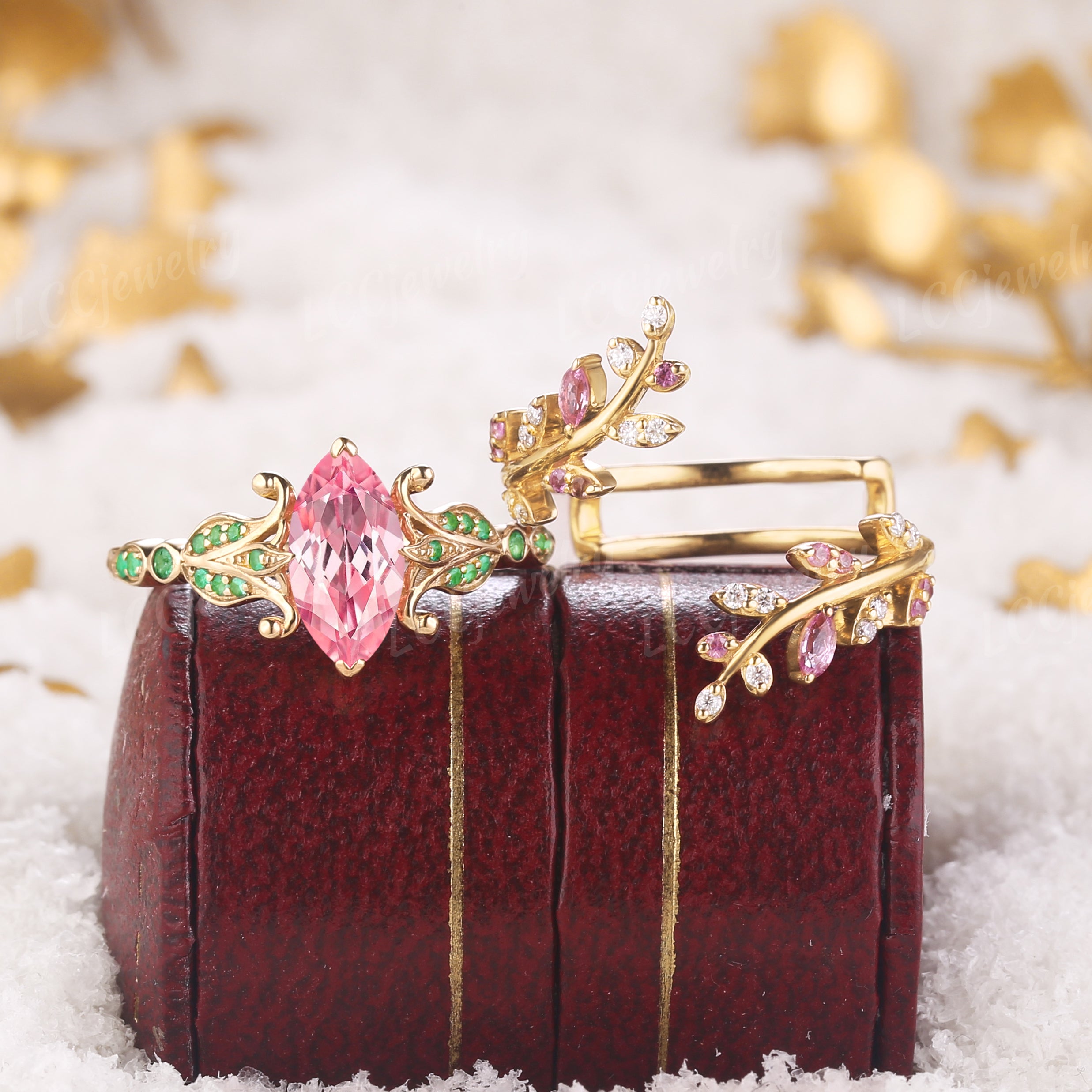 Floral Inspired | Papalacha Sapphire Iris Design Engagement Ring Set - LCCjewelry