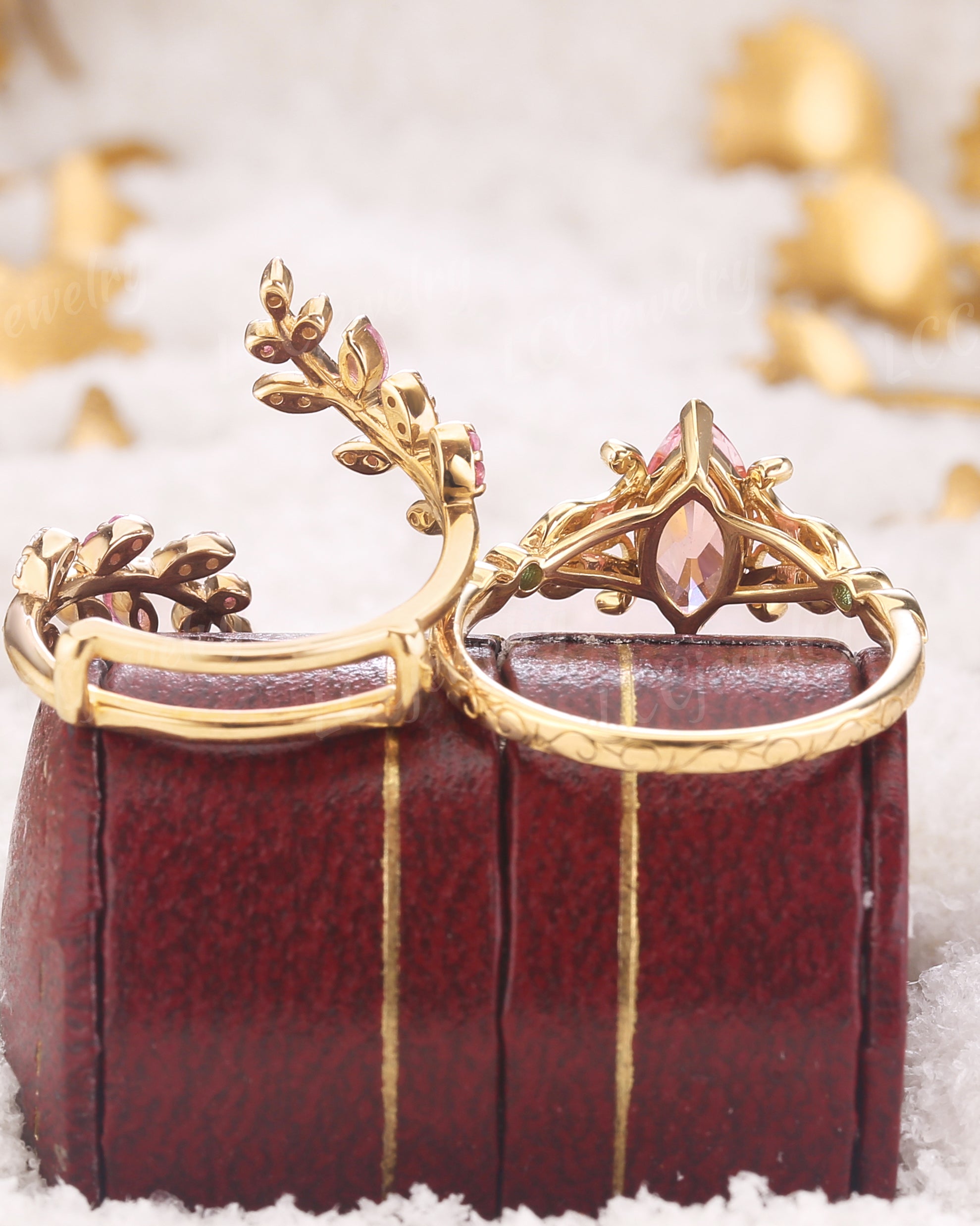 Floral Inspired | Papalacha Sapphire Iris Design Engagement Ring Set - LCCjewelry