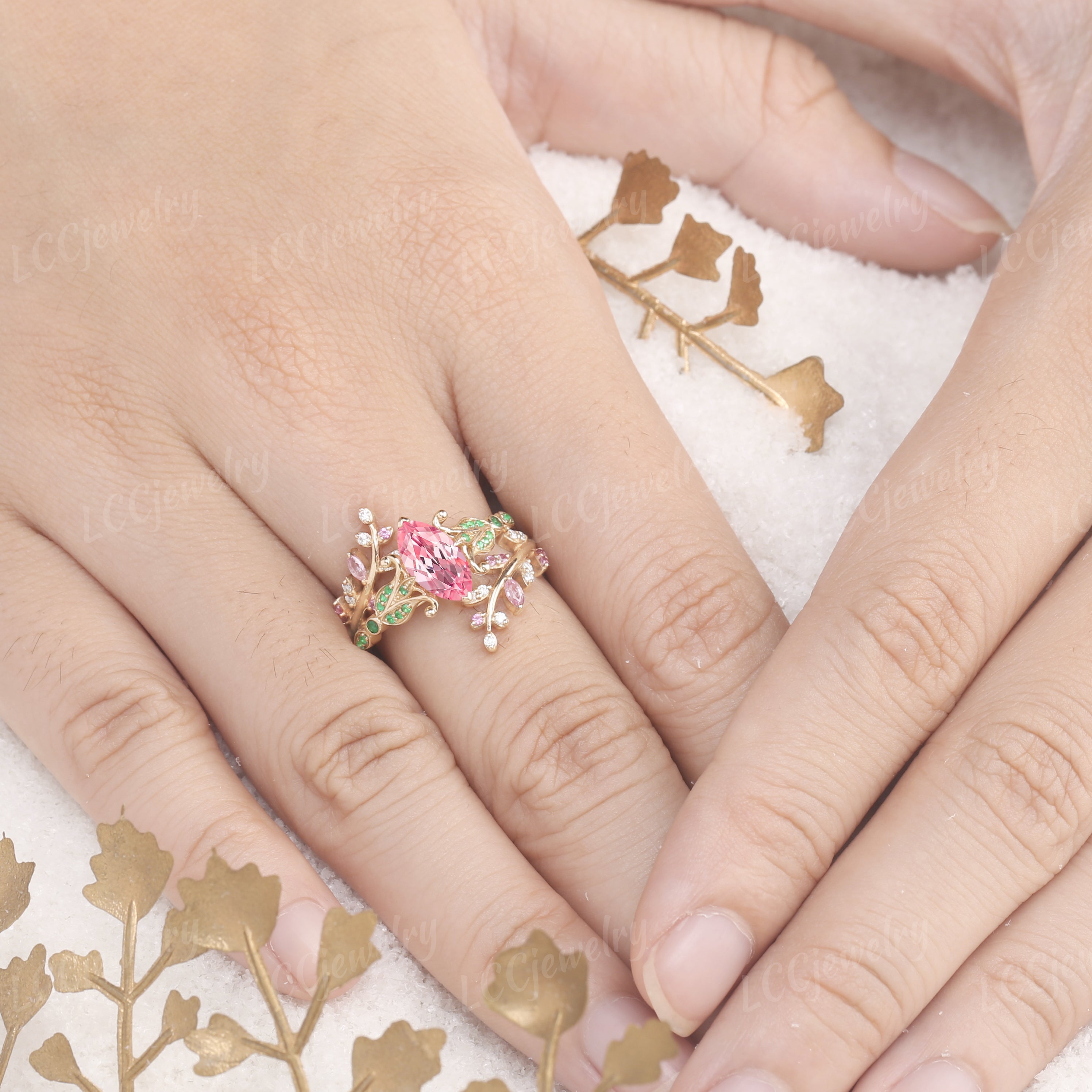 Floral Inspired | Papalacha Sapphire Iris Design Engagement Ring Set - LCCjewelry