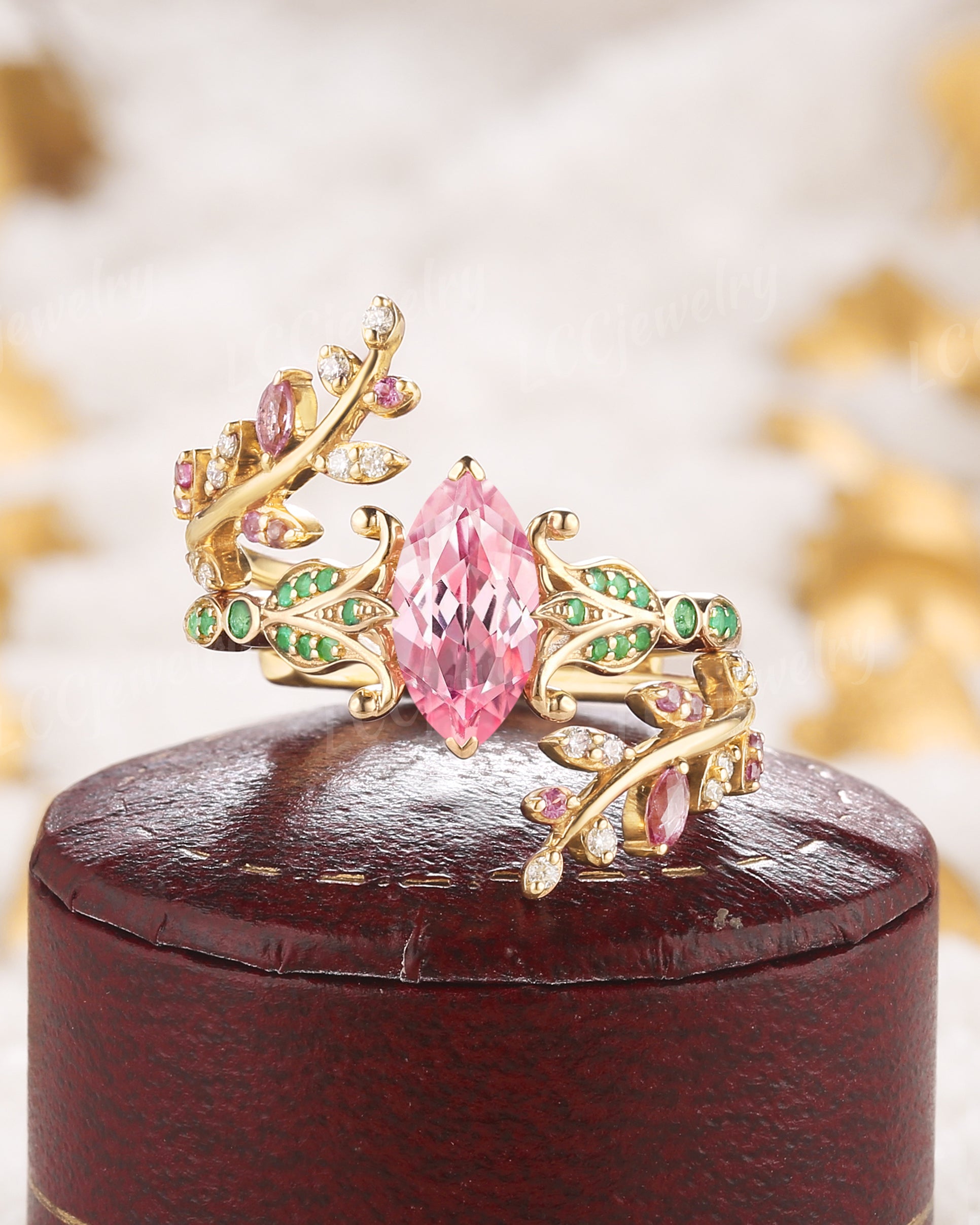 Floral Inspired | Papalacha Sapphire Iris Design Engagement Ring Set - LCCjewelry