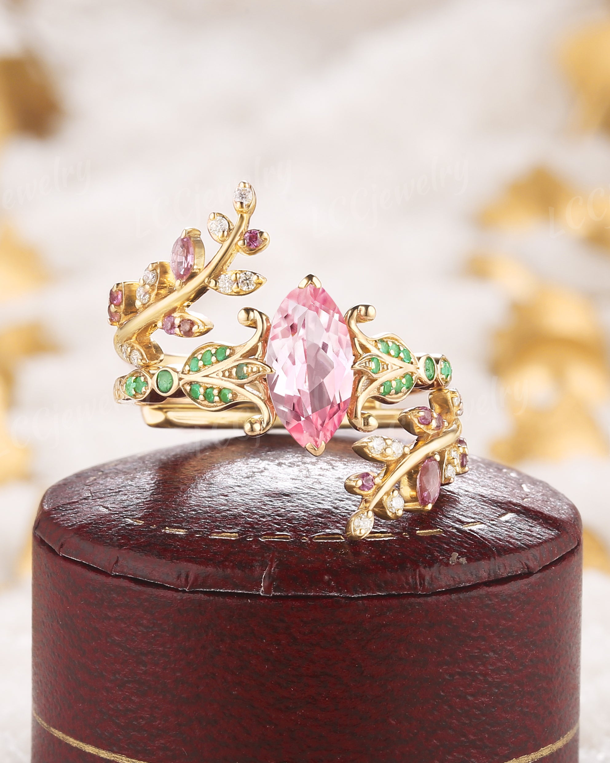 Floral Inspired | Papalacha Sapphire Iris Design Engagement Ring Set - LCCjewelry