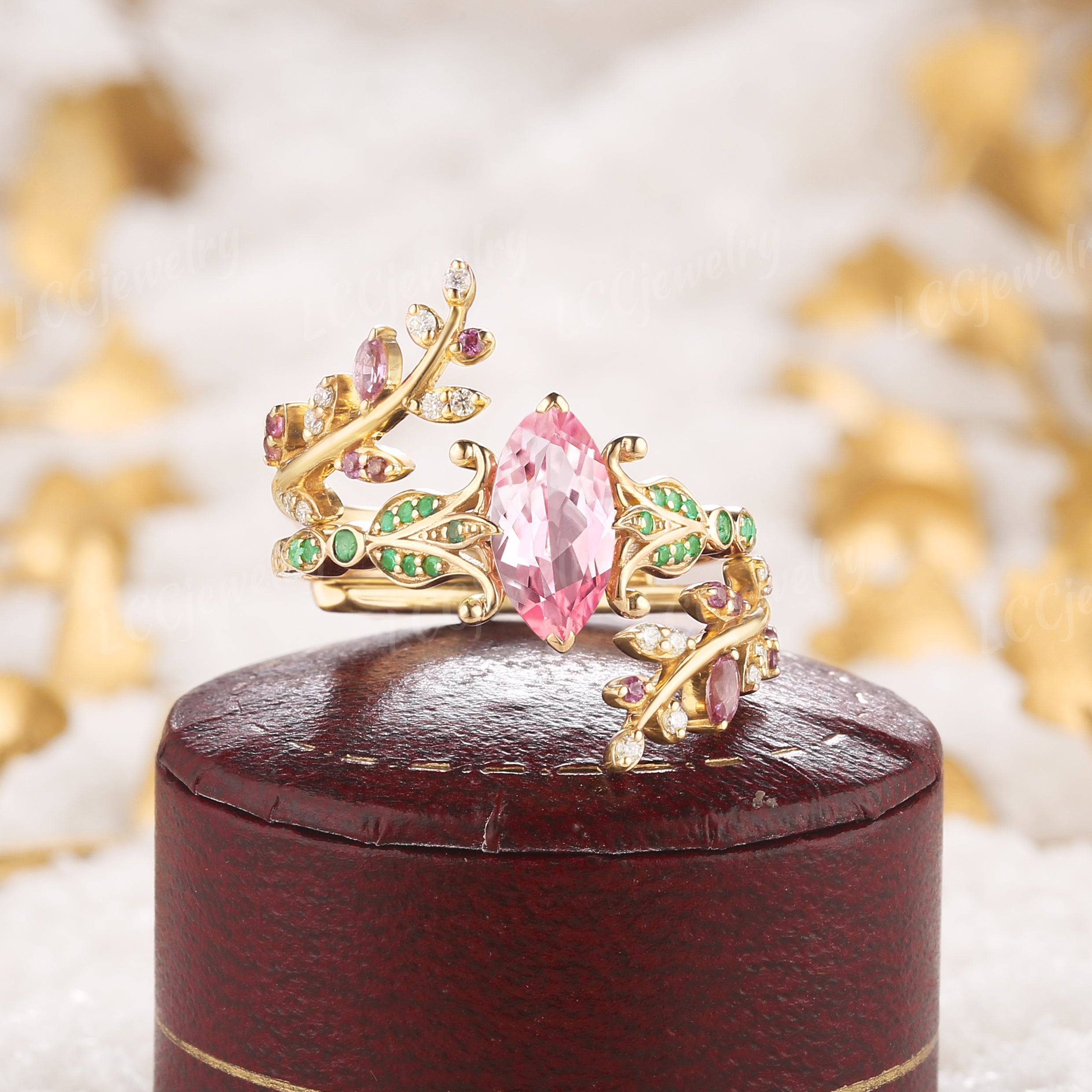 Floral Inspired | Papalacha Sapphire Iris Design Engagement Ring Set - LCCjewelry