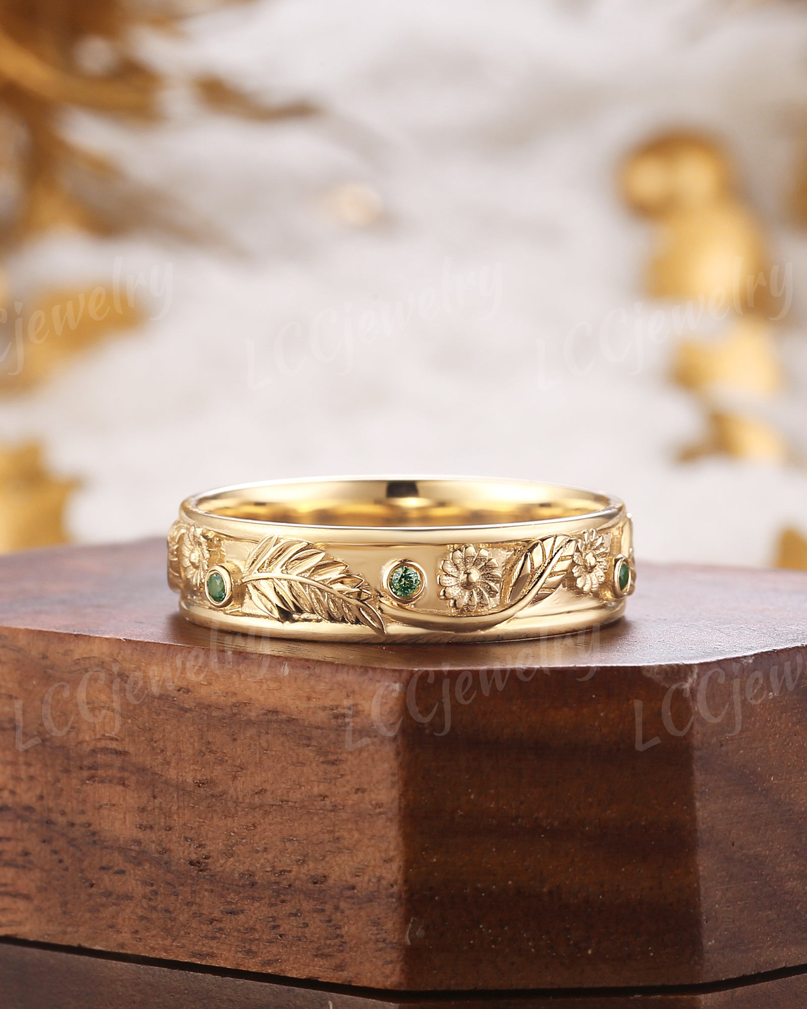 Flower Inspired | Nature Inspired Daisy Design Wedding Band Yellow Gold April Birth Flower Ring - LCCjewelry