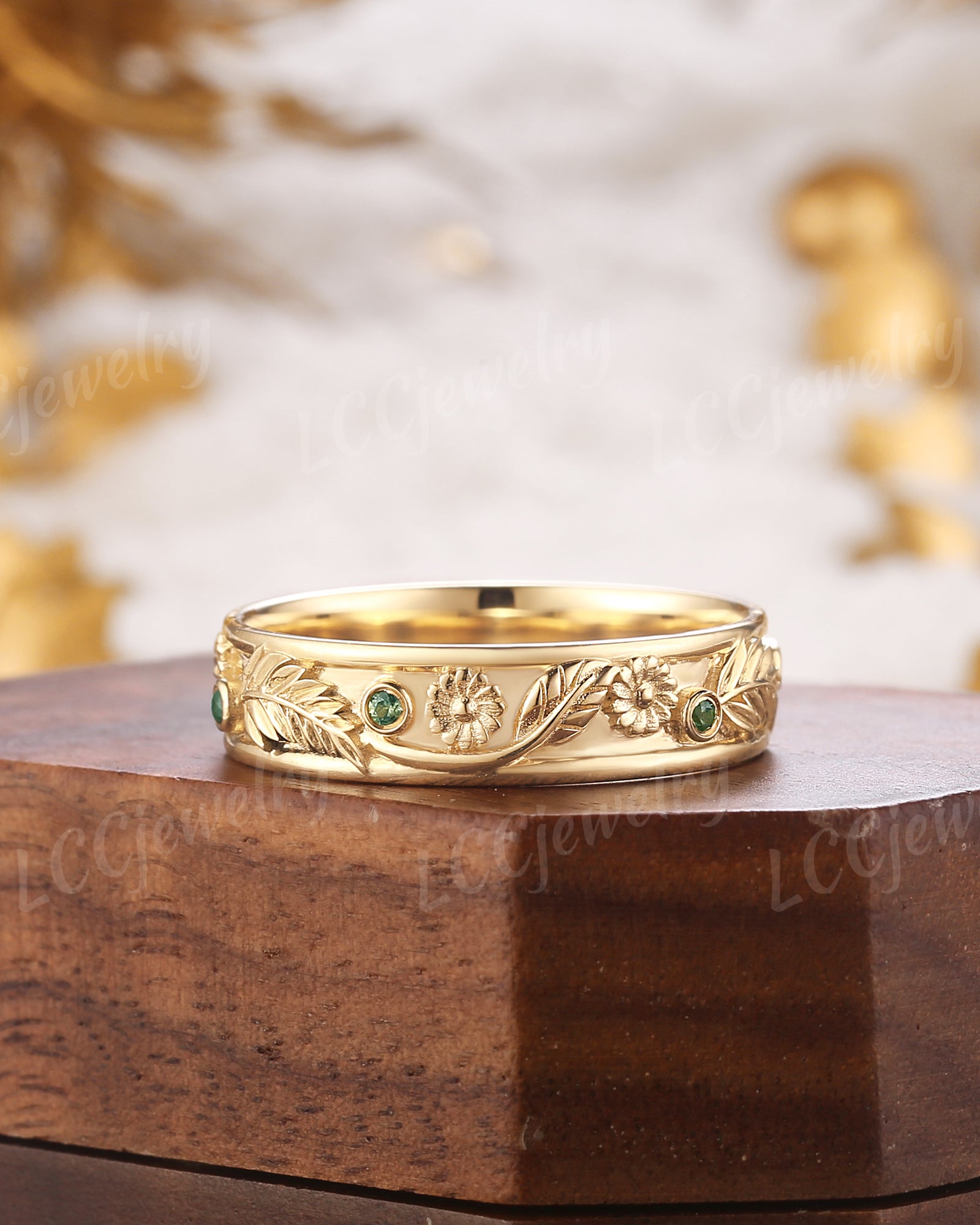 Flower Inspired | Nature Inspired Daisy Design Wedding Band Yellow Gold April Birth Flower Ring - LCCjewelry