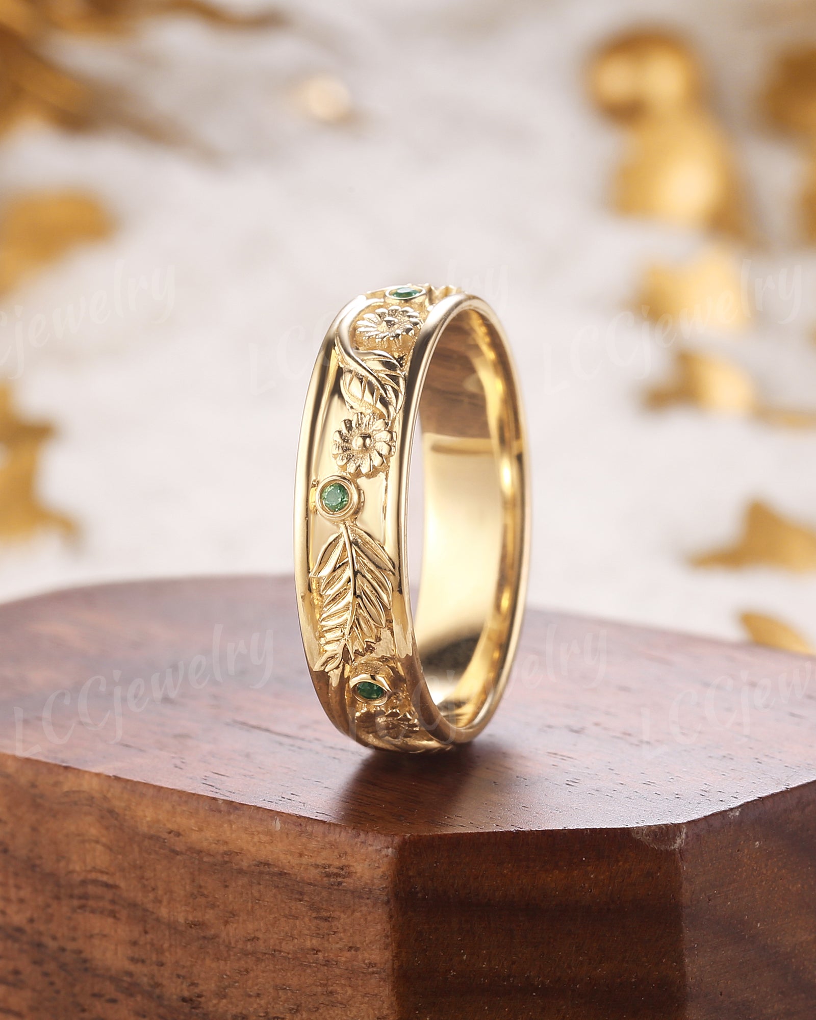 Flower Inspired | Nature Inspired Daisy Design Wedding Band Yellow Gold April Birth Flower Ring - LCCjewelry