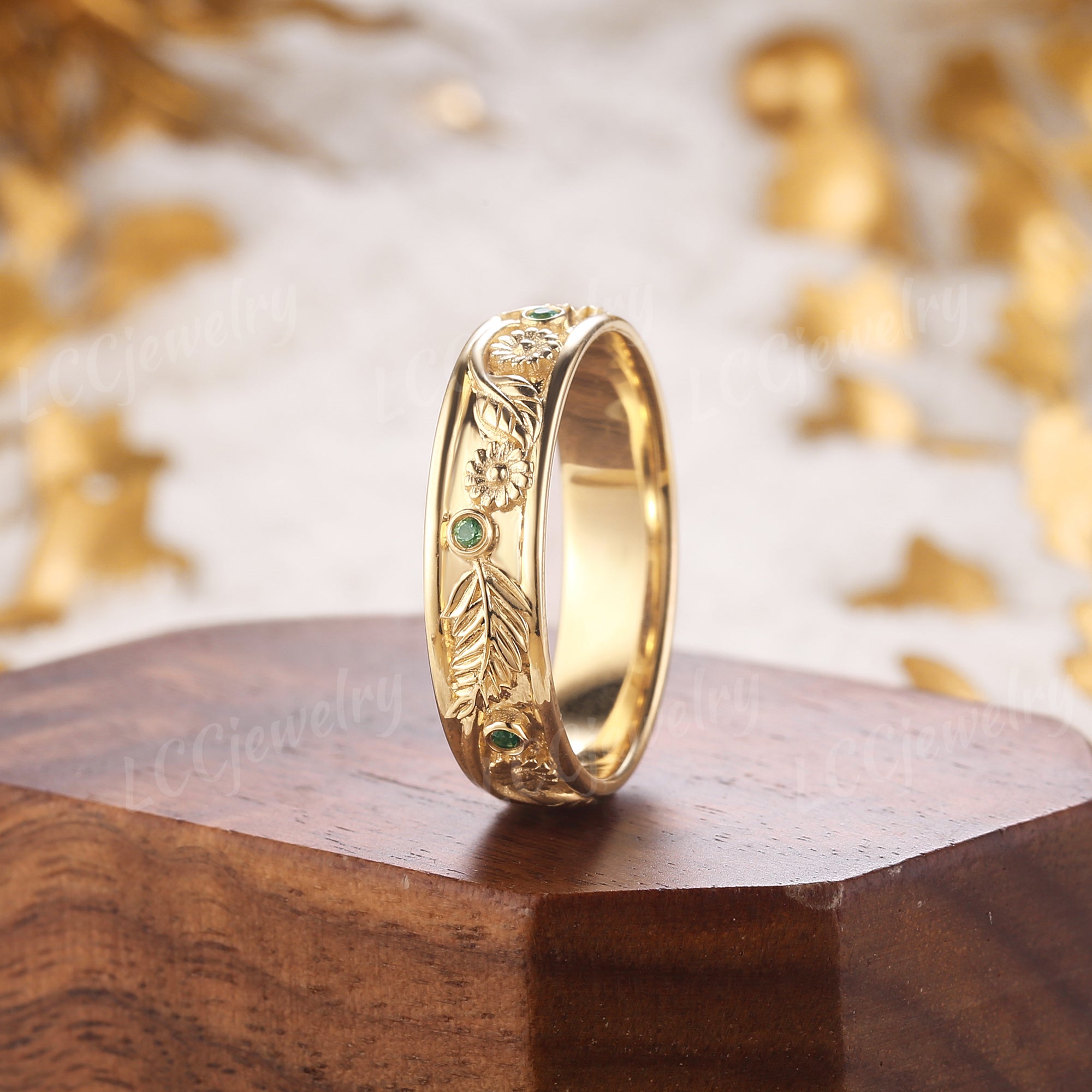 Flower Inspired | Nature Inspired Daisy Design Wedding Band Yellow Gold April Birth Flower Ring - LCCjewelry