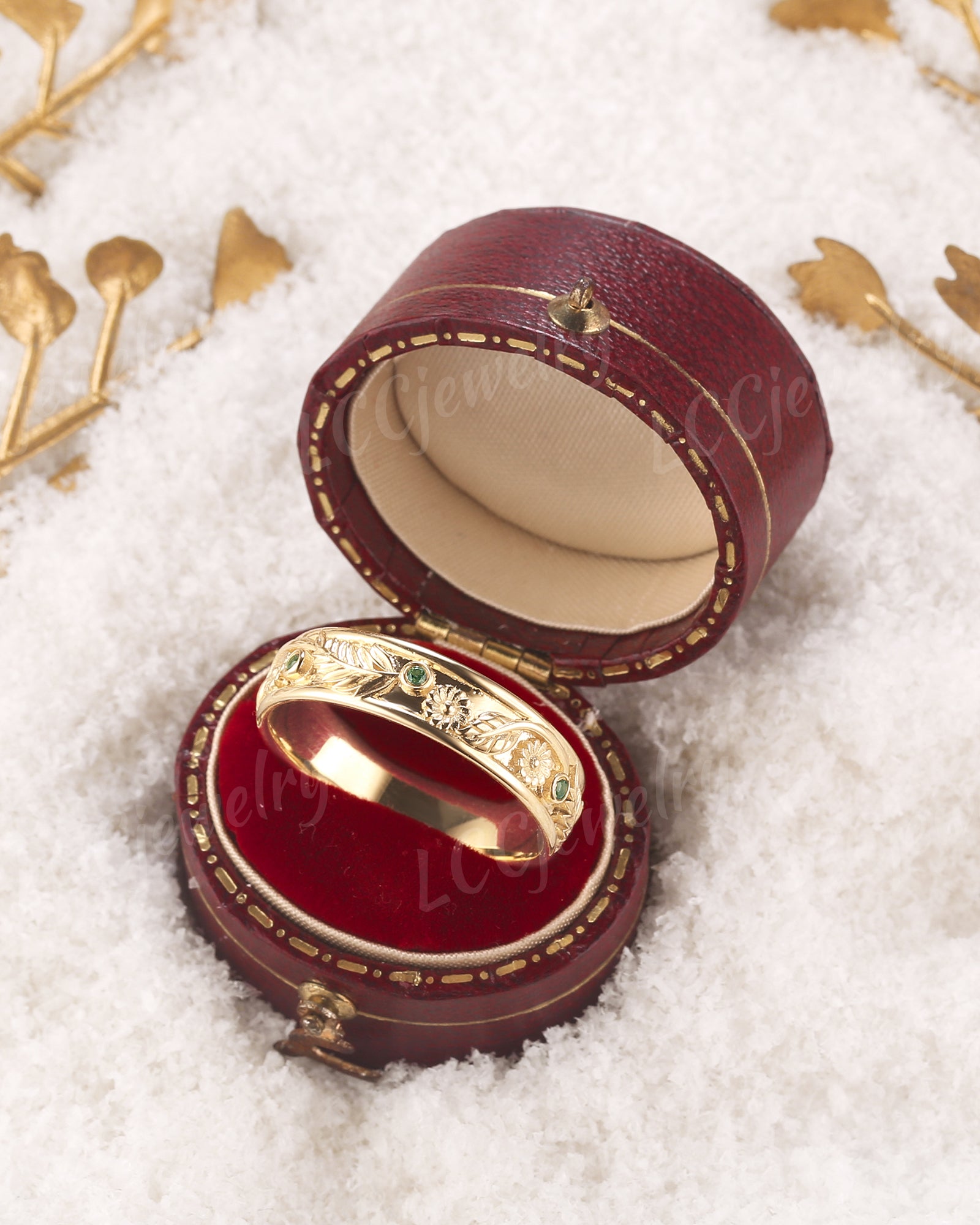 Flower Inspired | Nature Inspired Daisy Design Wedding Band Yellow Gold April Birth Flower Ring - LCCjewelry