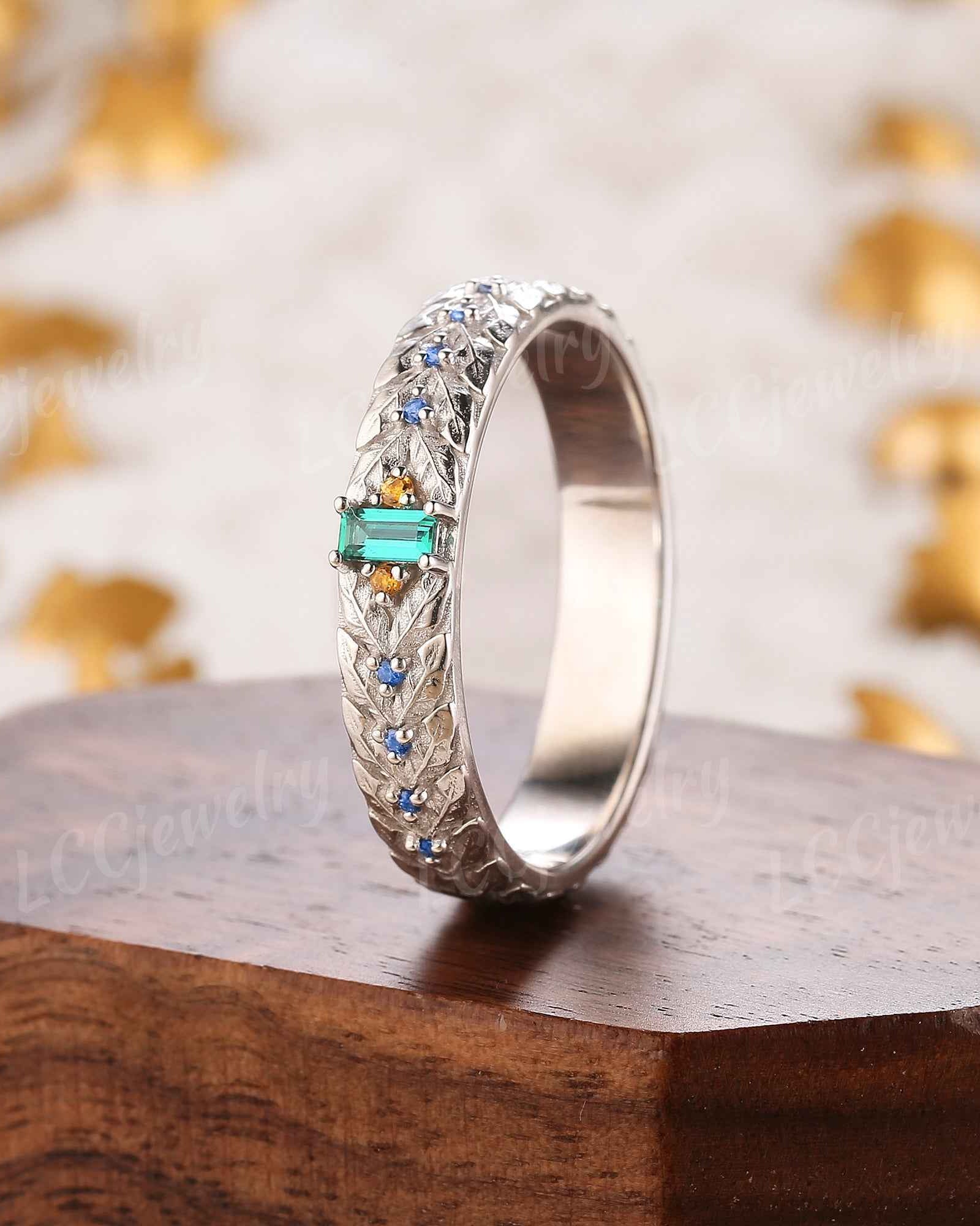 Leaf Inspired | Papalacha & Sapphire Laurel Leaf Wedding Band