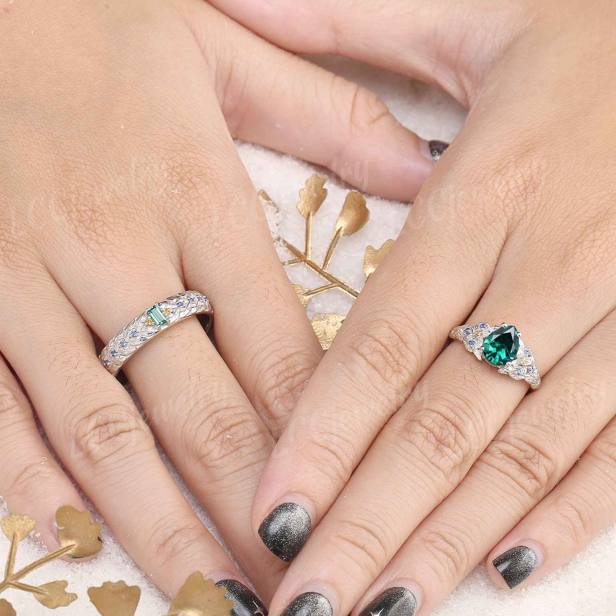 Leaf Inspired | Papalacha Laurel Leaf Design Couple Rings Set 2pcs