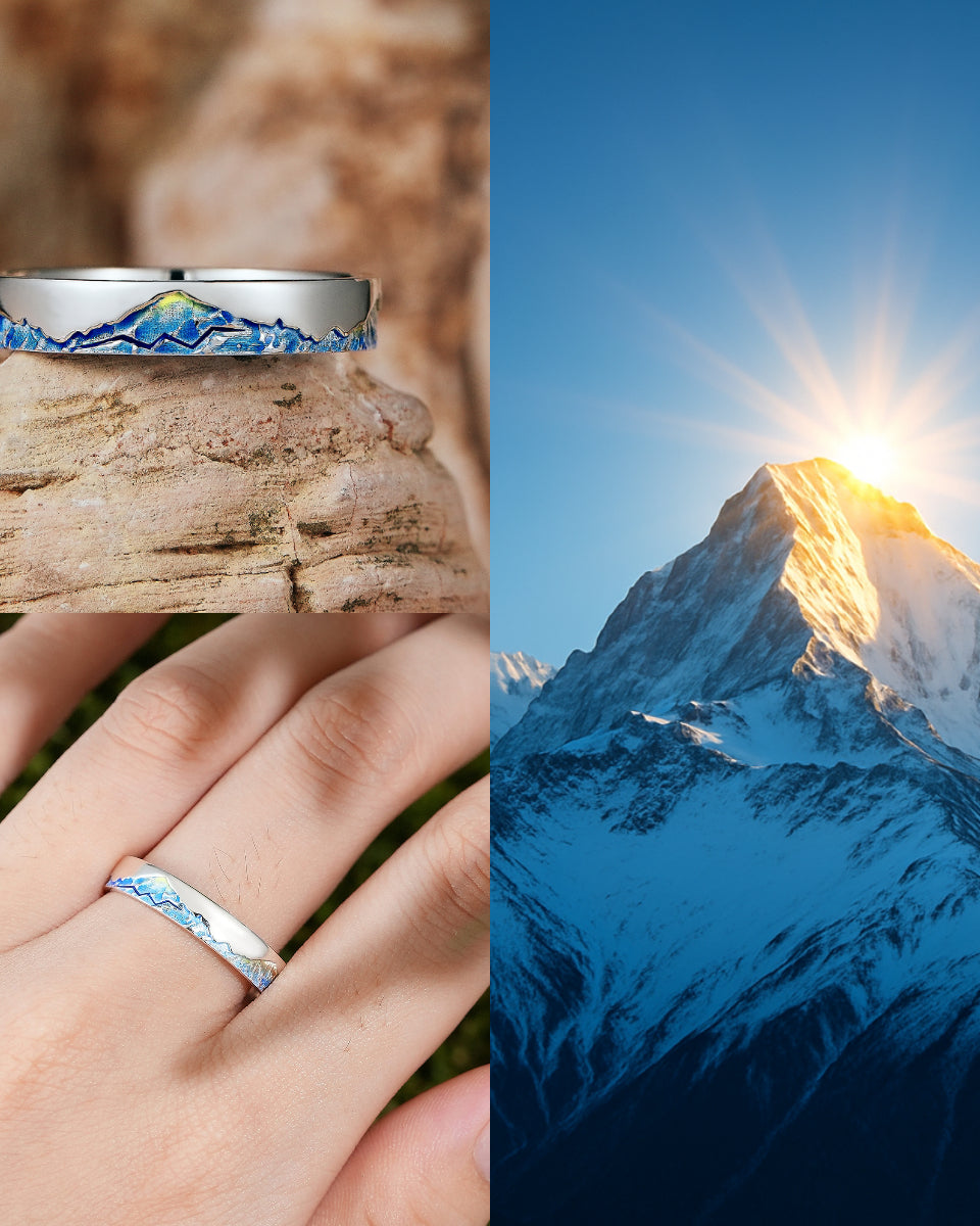 LCCjewelry | Unique Mountain Design Blue Enamel Wedding Band - LCCjewelry