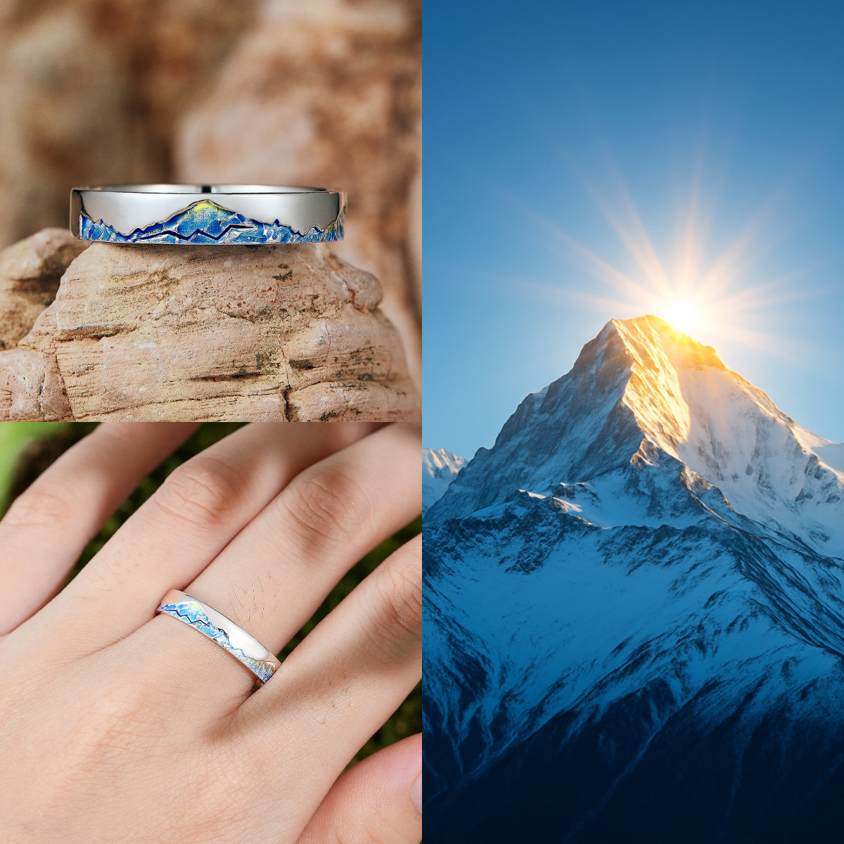 LCCjewelry | Unique Mountain Design Blue Enamel Wedding Band - LCCjewelry