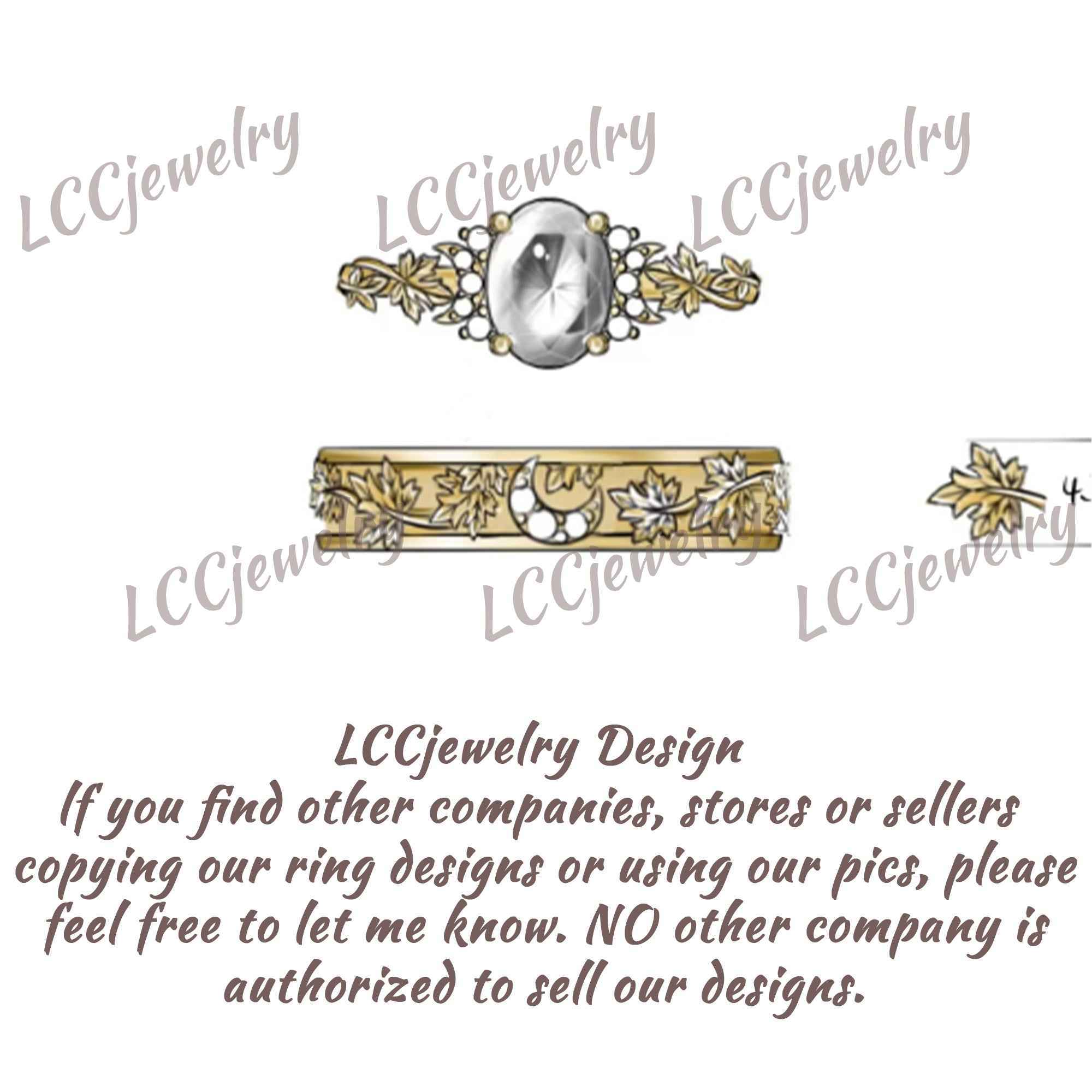 Leaf Inspired|  Ruby Moon & Maple Leaf Couple Ring Set 2pcs