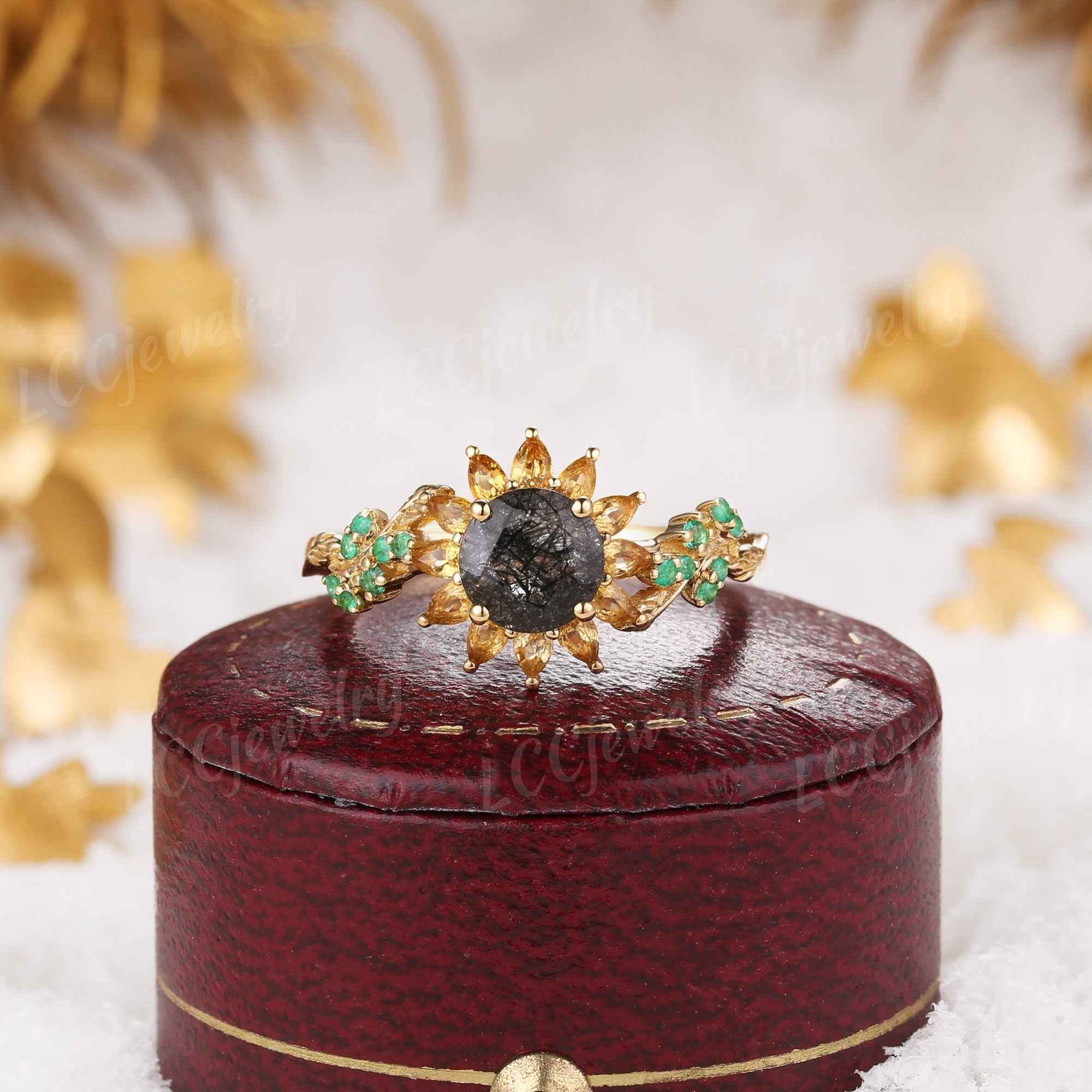 LCCjewelry | Black Rutilated Quartz Sunflower Engagement Ring