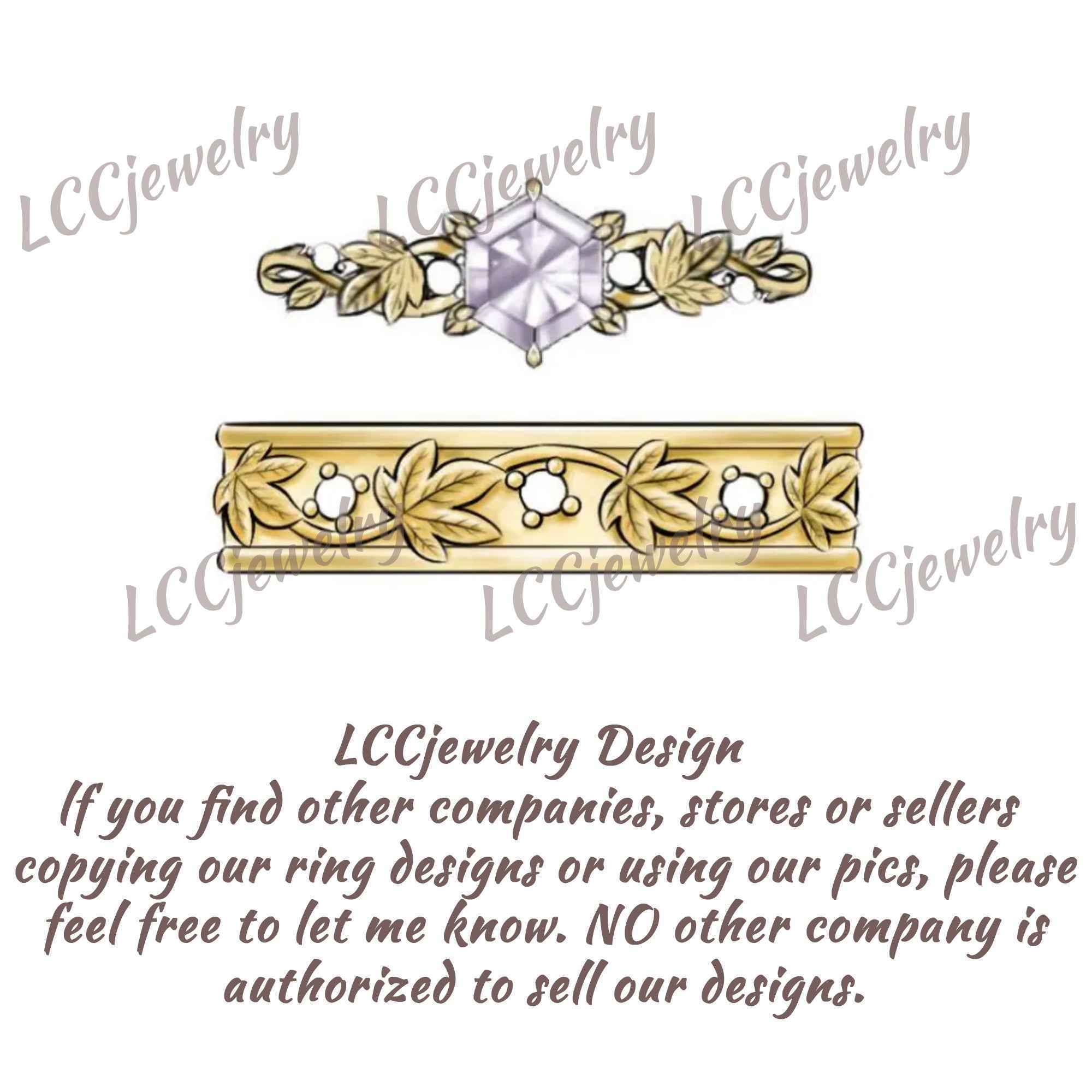 Leaf Inspired | Grape Leaf Hexagon Alexandrite Couple Rings Set 2pcs