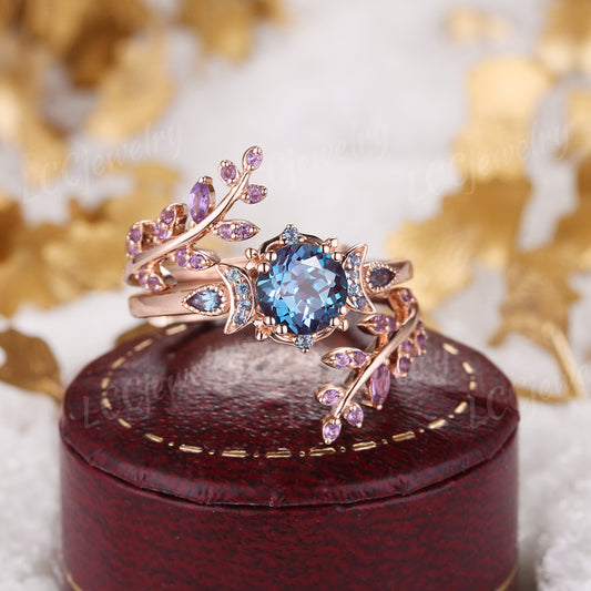 Moon Inspired | Sailor moon design alexandrite Leaf engagement ring set