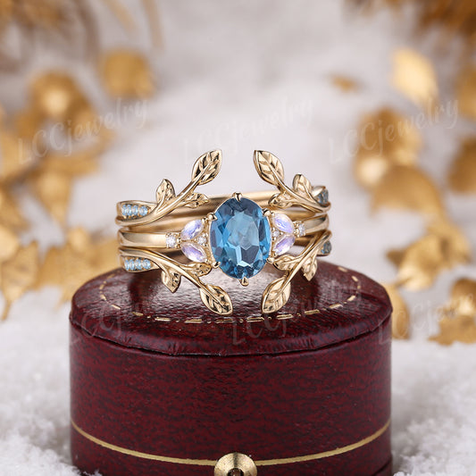 Leaf Inspired | Unique Oval Landon Topaz Wedding Ring Set