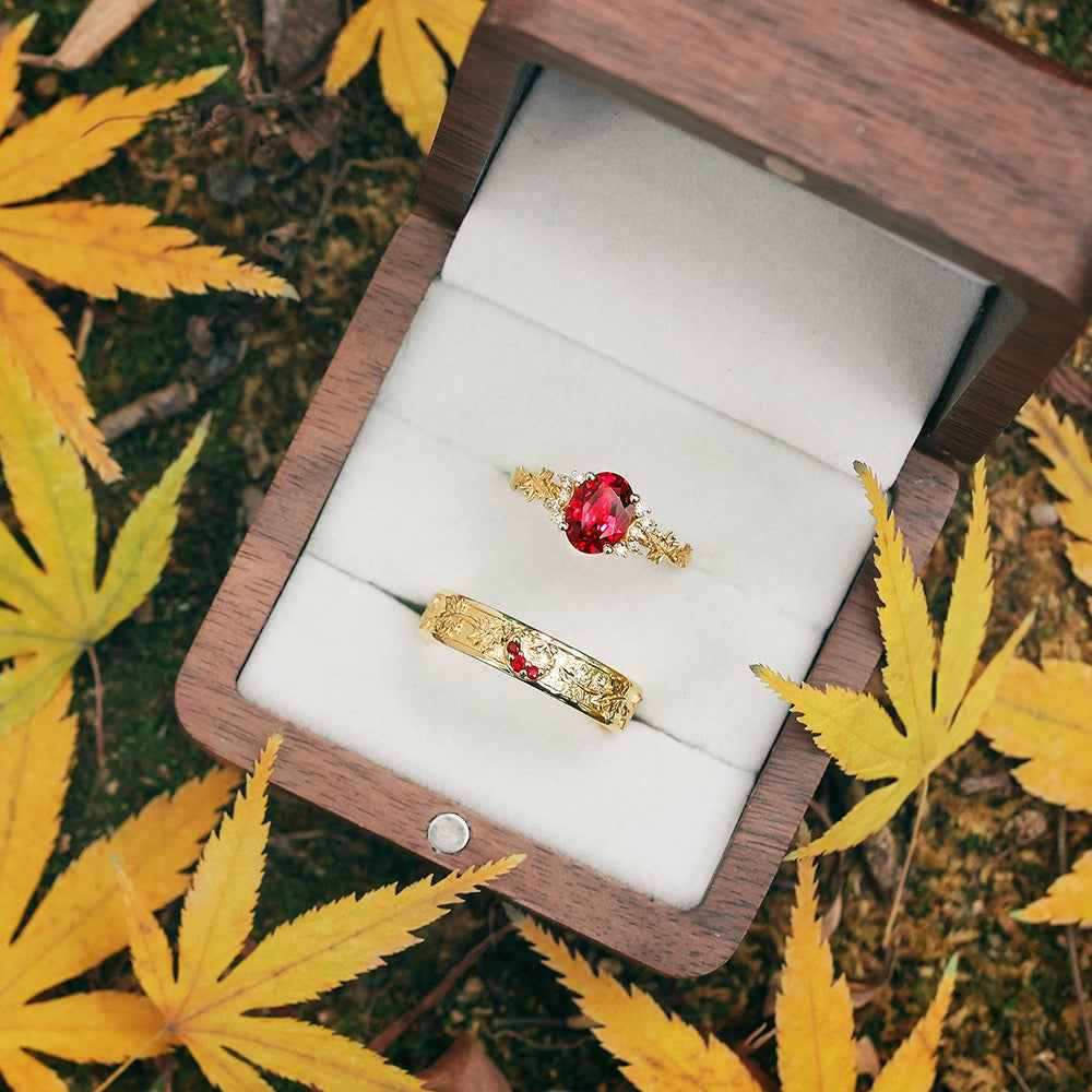 Leaf Inspired|  Ruby Moon & Maple Leaf Couple Ring Set 2pcs