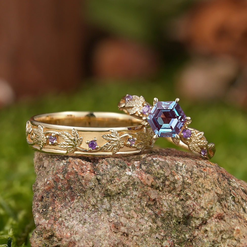 Leaf Inspired | Grape Leaf Hexagon Alexandrite Couple Rings Set 2pcs