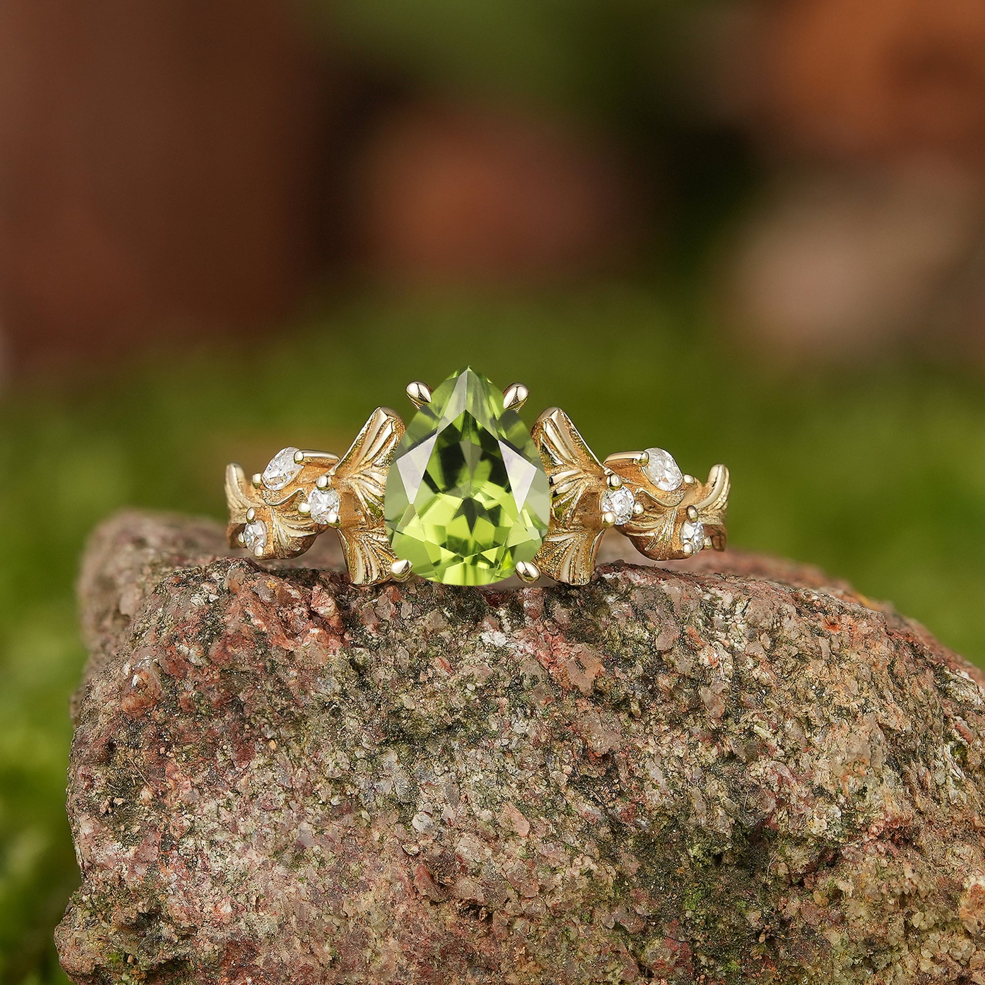 Leaf Inspired | Ginkgo Leaf Design Peridot Engagement Ring