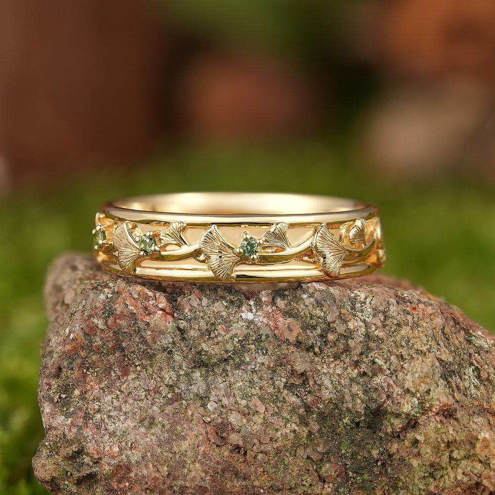 Leaf Inspired | Green Sapphire Ginkgo Leaf Mens Wedding Band