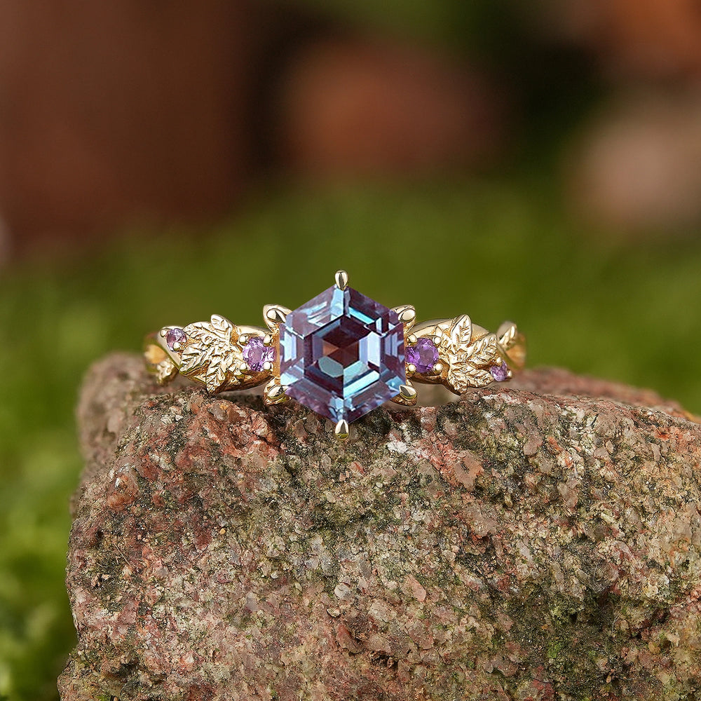 Leaf Inspired | Hexagon Alexandrite Grape Leaf Engagement Ring