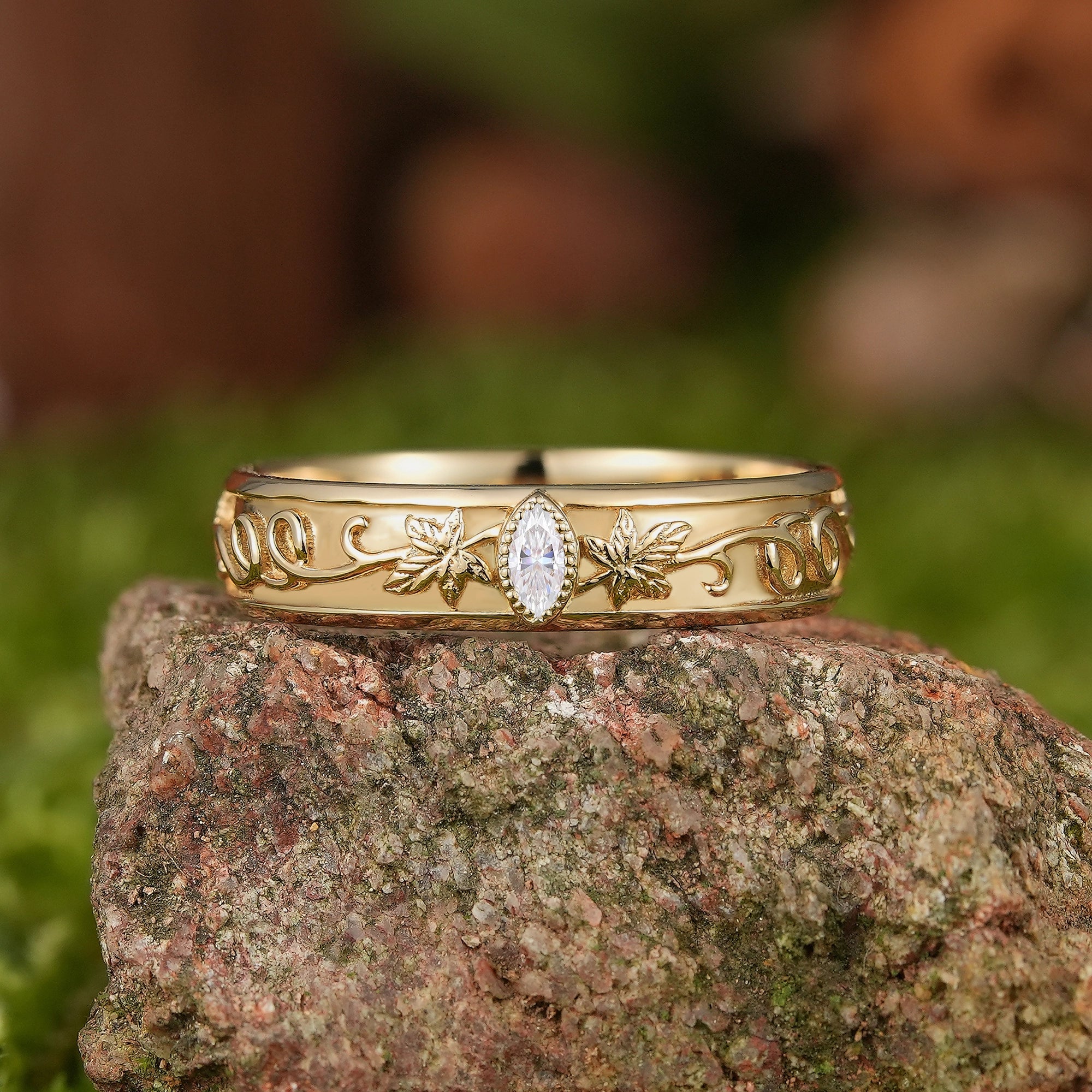 Leaf Inspired | Grape Leaf Moissanite Handmade Wedding Band