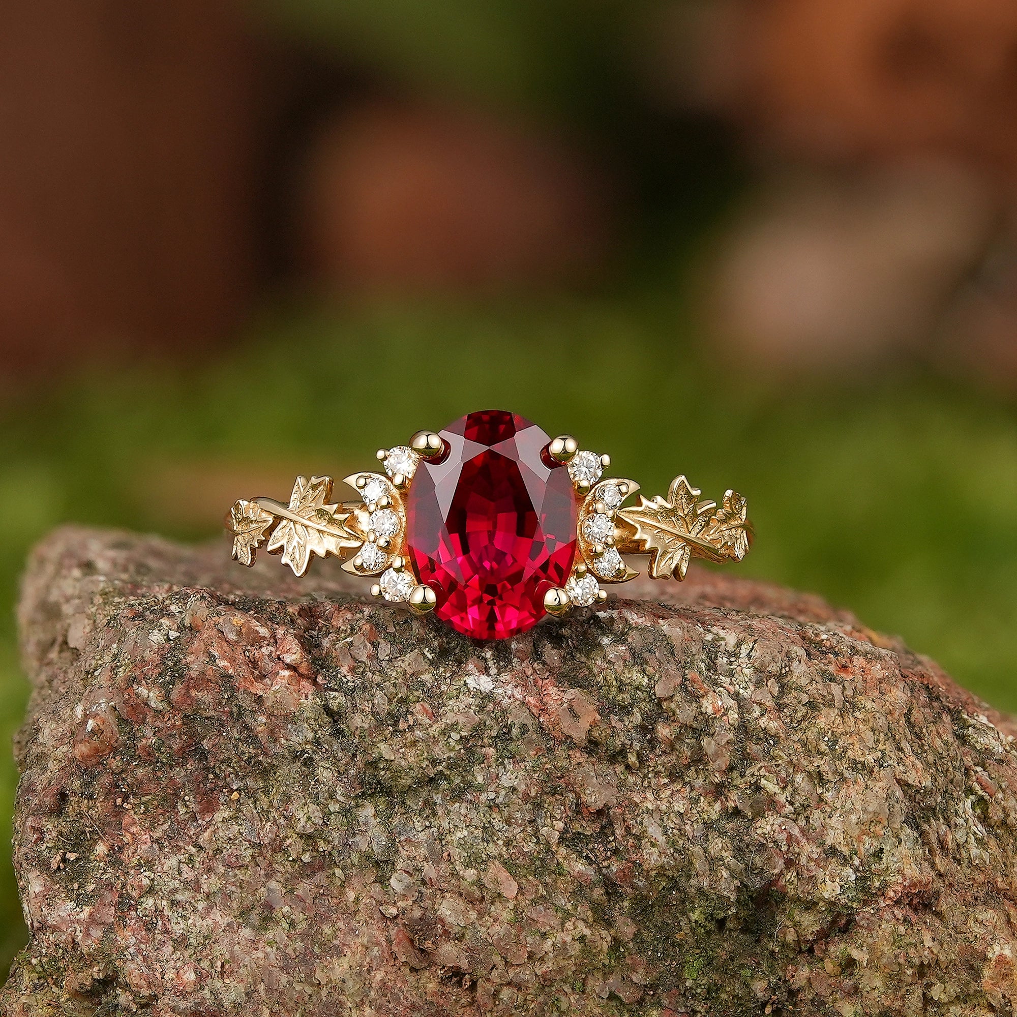 Leaf Inspired | Ruby Engagement Ring with Moon & Maple Leaf