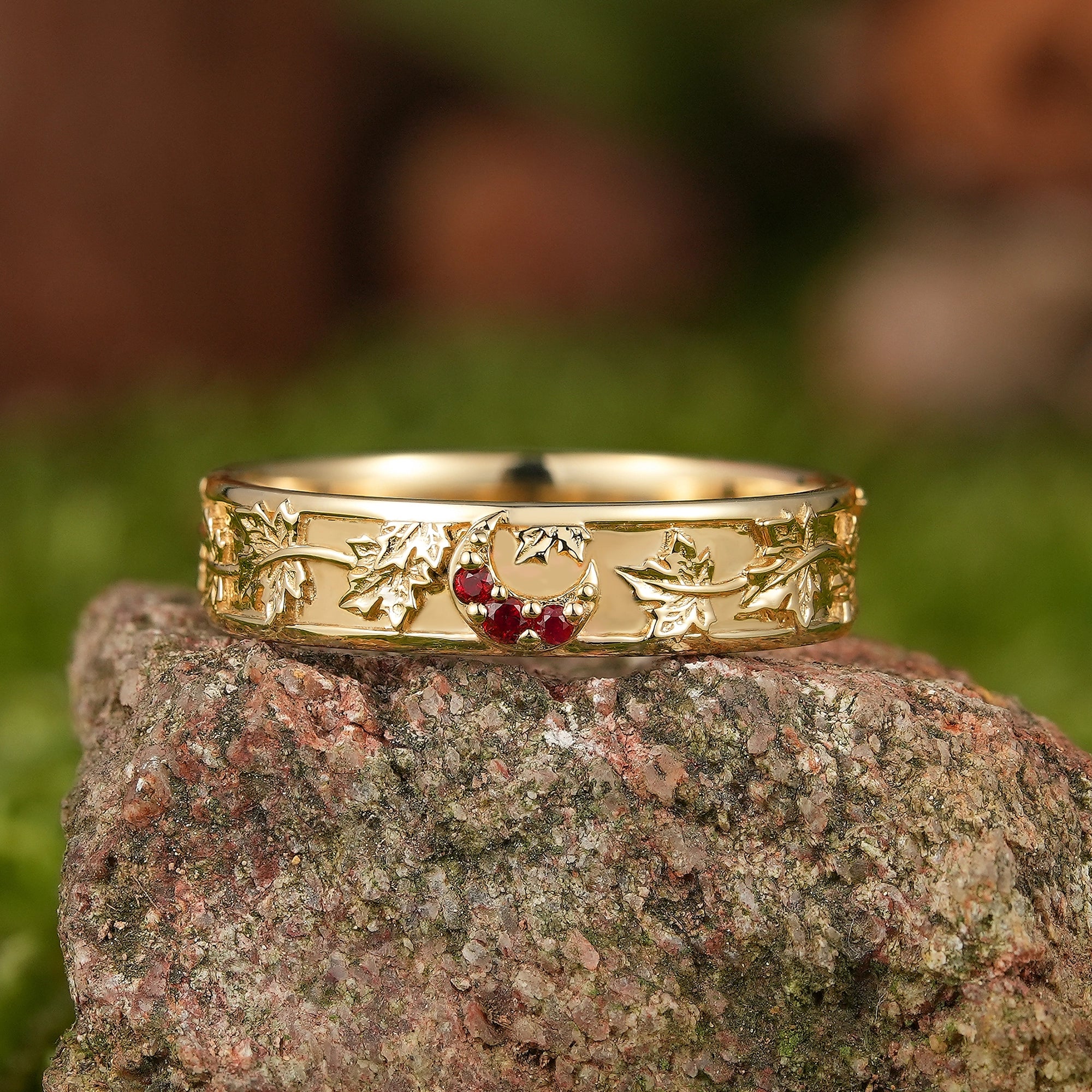 Leaf Inspired | 5MM Ruby Moon & Maple Leaf Wedding Band