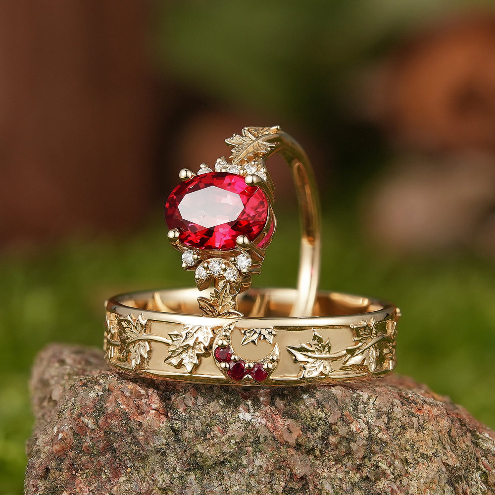 Leaf Inspired|  Ruby Moon & Maple Leaf Couple Ring Set 2pcs