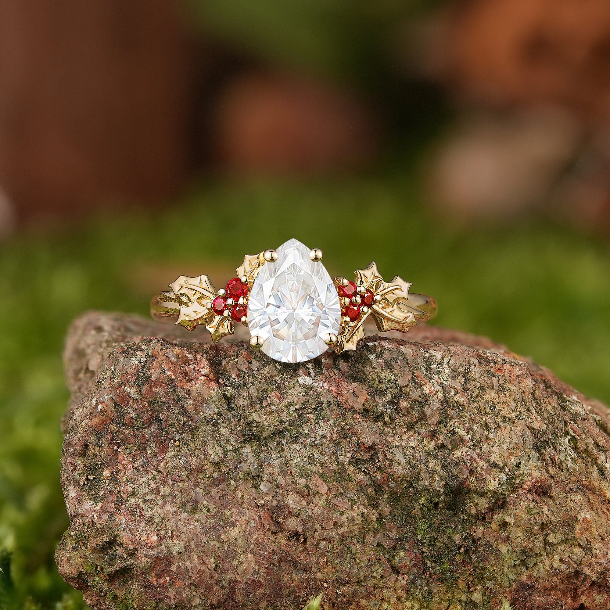 Leaf Inspired | Christmas Ruby Holly Leaves Moissanite Engagement Ring