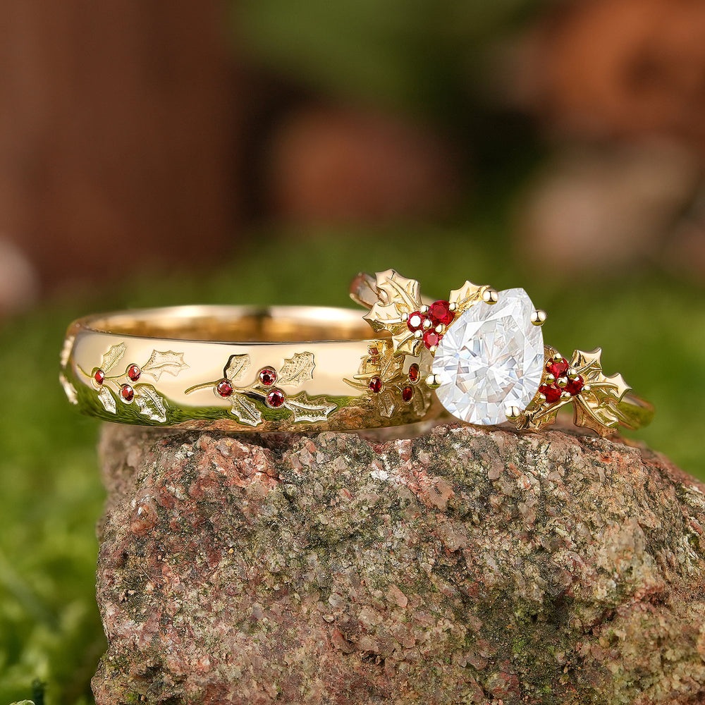 Leaf Inspired | Christmas Ruby Holly Leaves Design Couple Ring