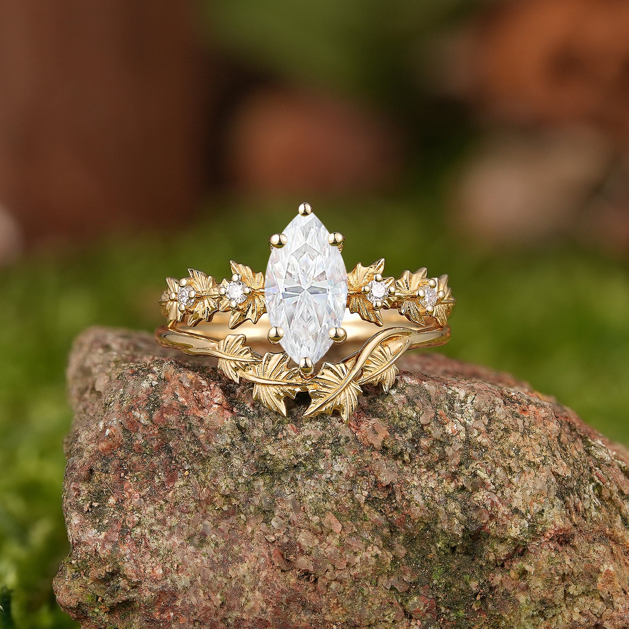 Leaf Inspired | Marquise Moissanite Maple Leaf Bridal Set
