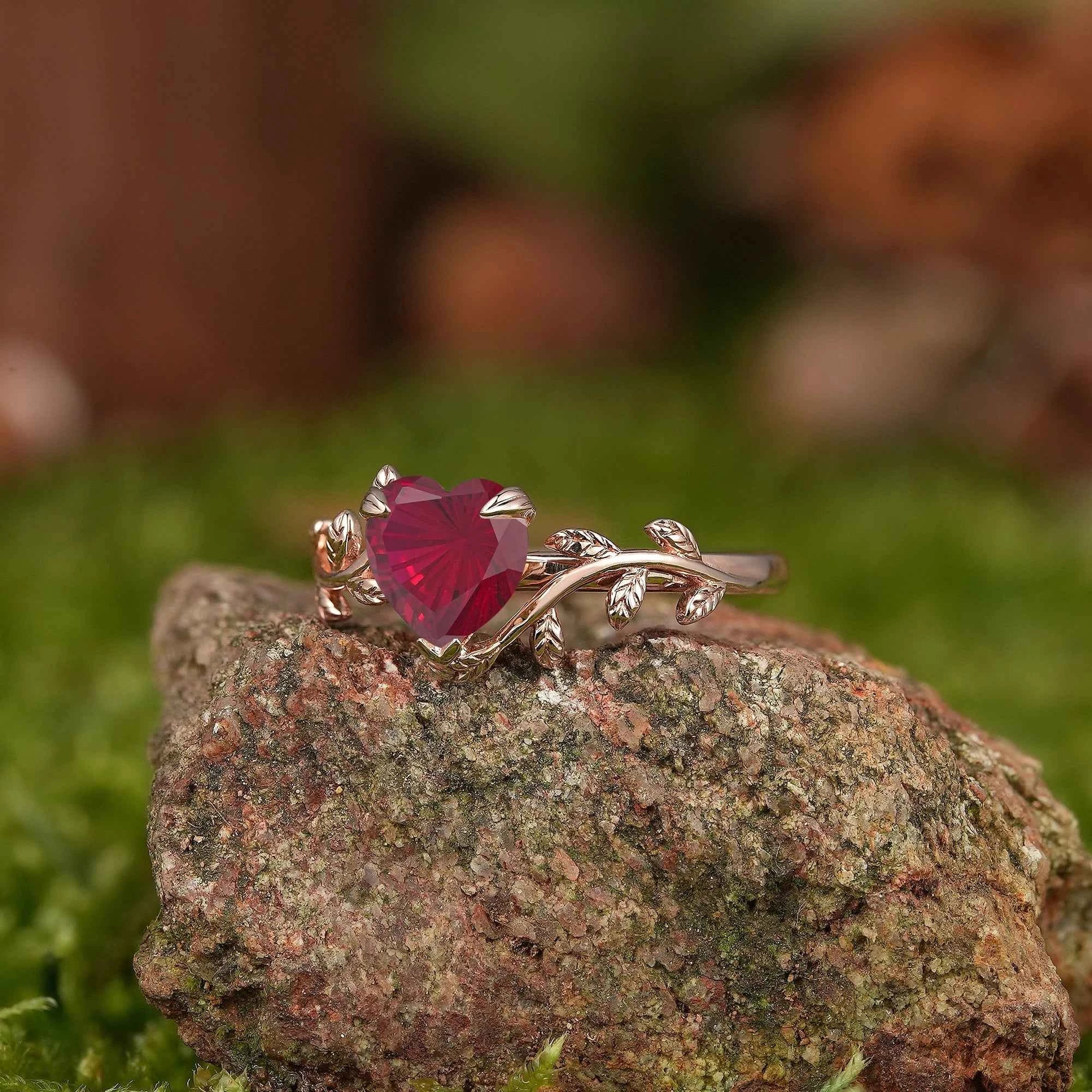 Leaf Inspired | Vintage Heart Cut Fireworks Ruby Engagement Ring