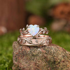 LCCjewelry | Heart Cut Natural Opal Couple Rings Leaf Design Wedding Ring Set