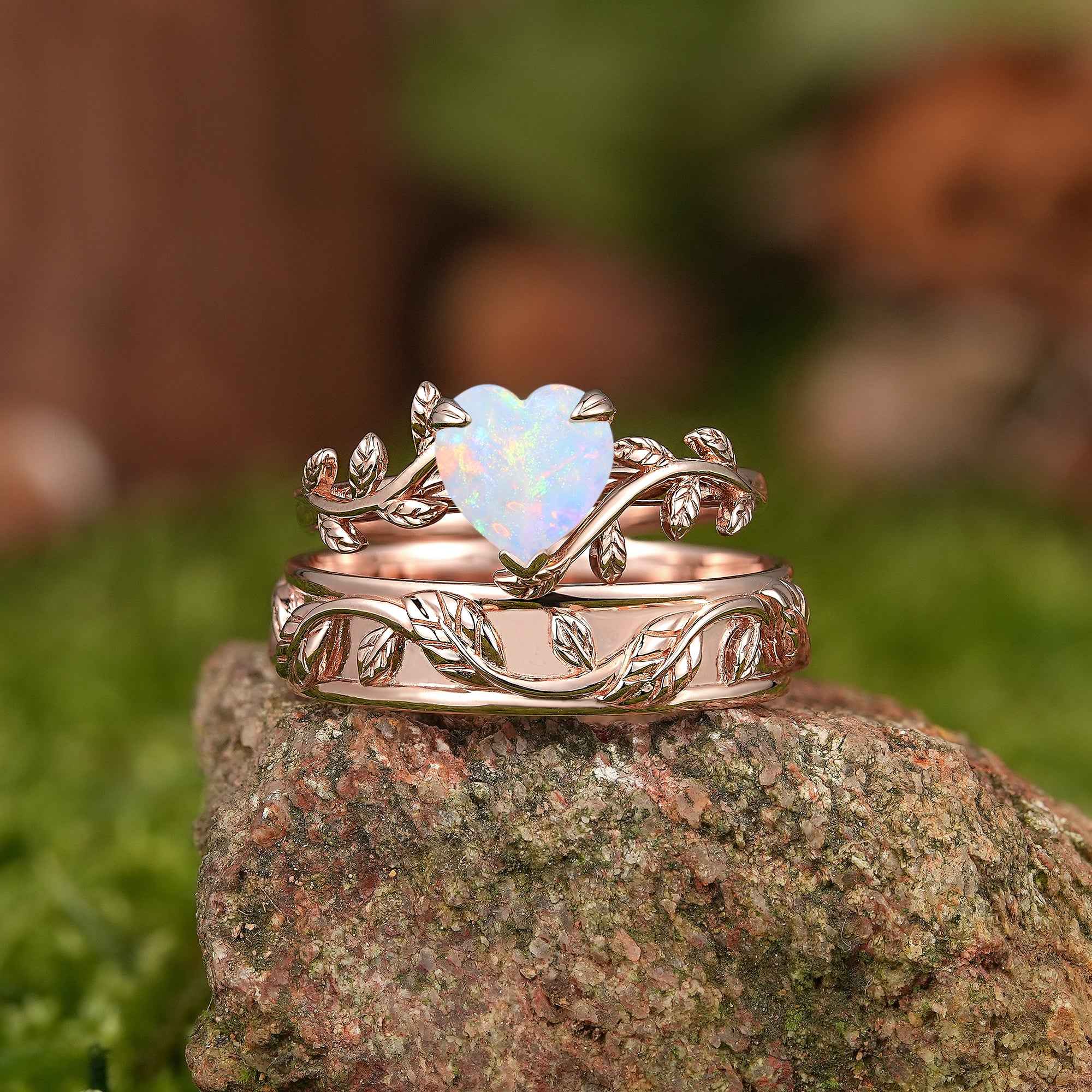 LCCjewelry | Heart Cut Natural Opal Couple Rings Leaf Design Wedding Ring Set