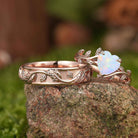 LCCjewelry | Heart Cut Natural Opal Couple Rings Leaf Design Wedding Ring Set